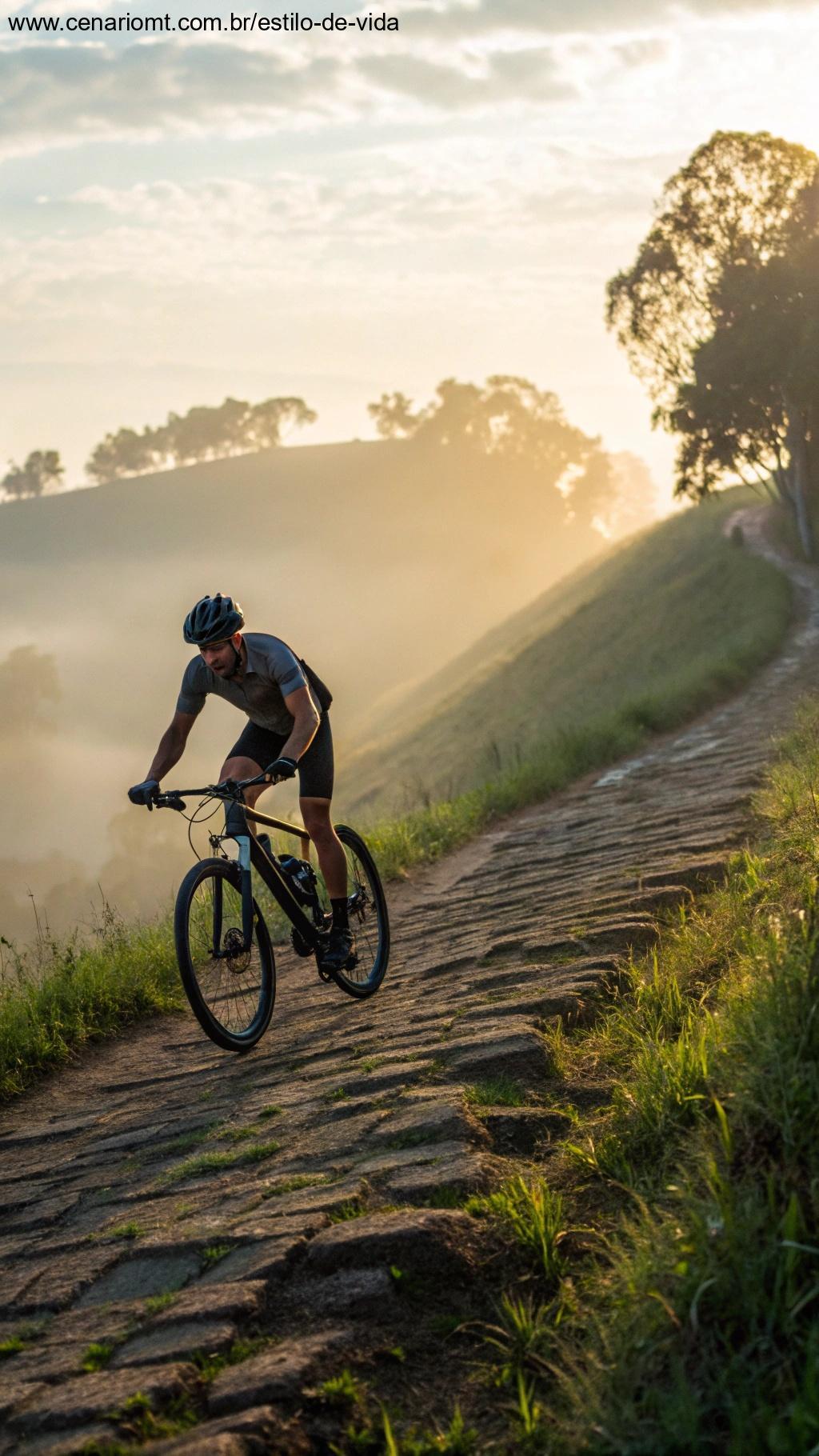Ciclista subindo uma colina, músculos visivelmente engajados