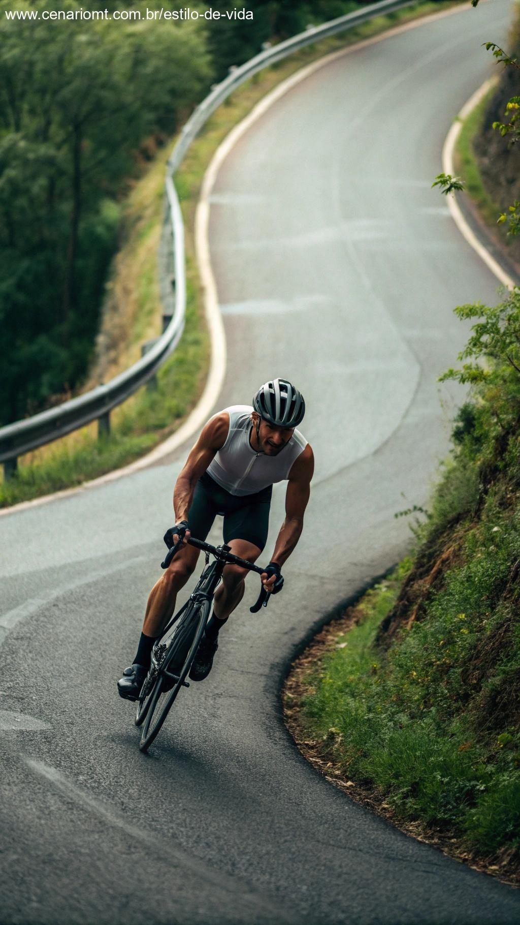 Ciclista subindo uma colina íngreme, mostrando resistência muscular e força.