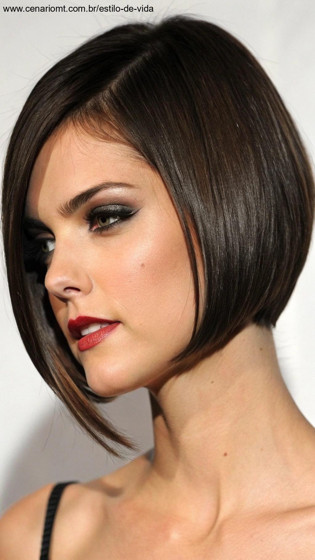 Corte bob assimétrico, com um lado mais longo que o outro, em uma mulher com maquiagem ousada.
