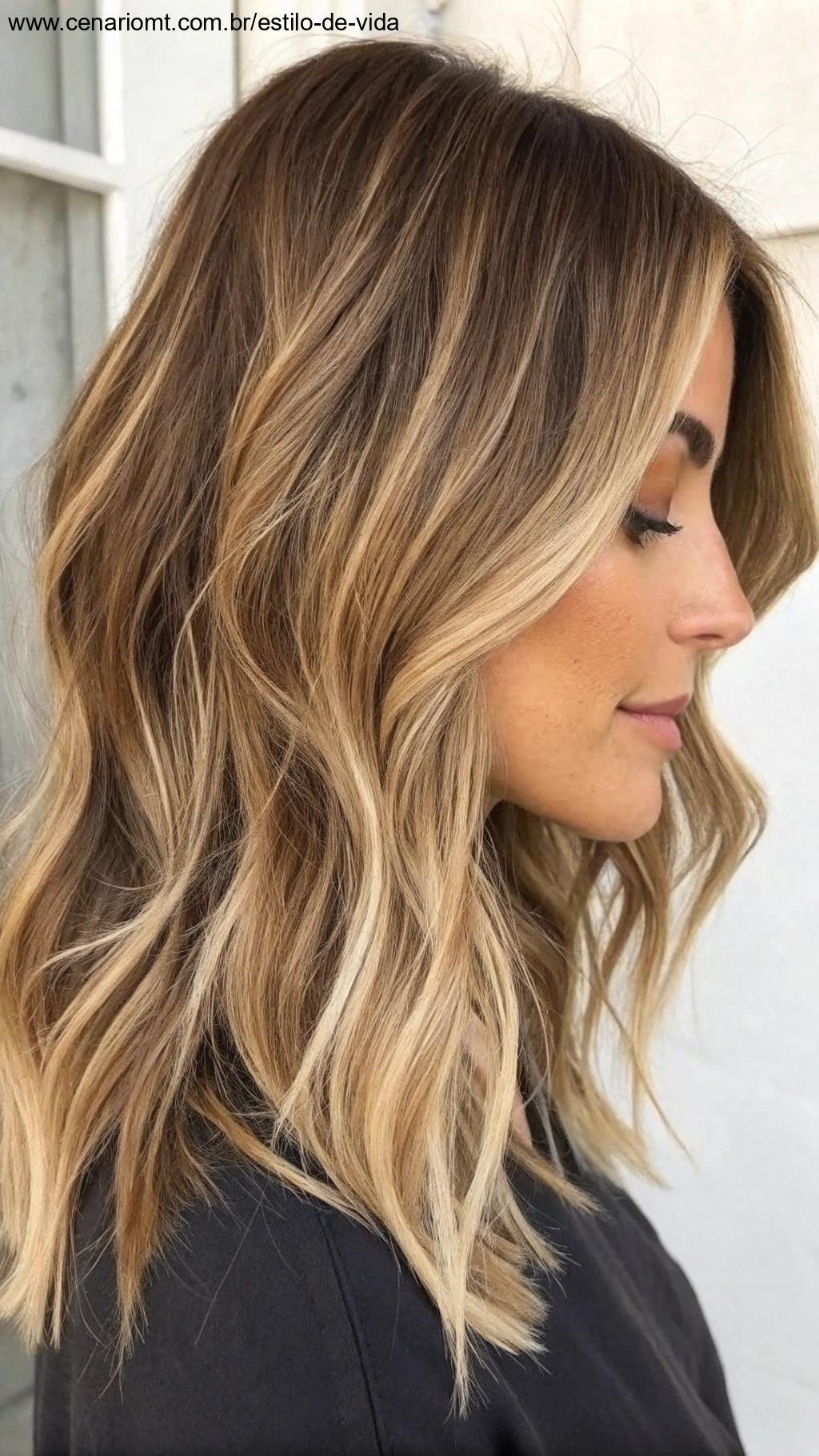 Bob desfiado longo com camadas suaves e ondas leves, ideal para um visual chique e descontraído