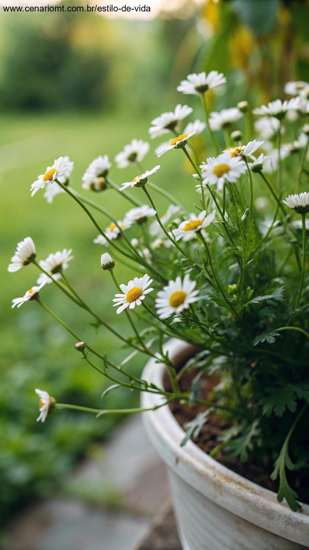 Flores de Camomila com pétalas brancas e centros amarelos.