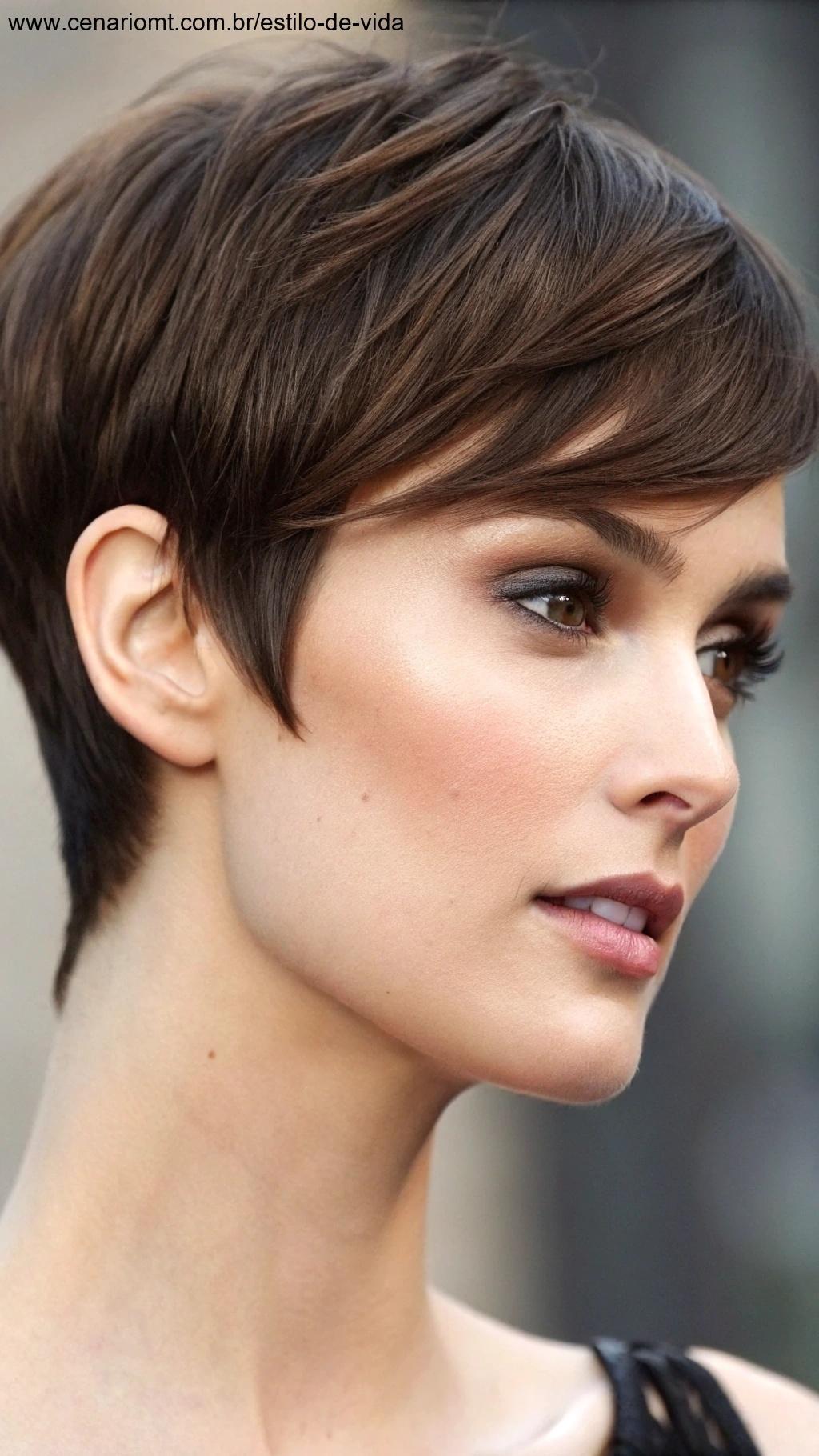 Close-up de uma mulher com corte pixie, destacando estilo moderno e atemporal