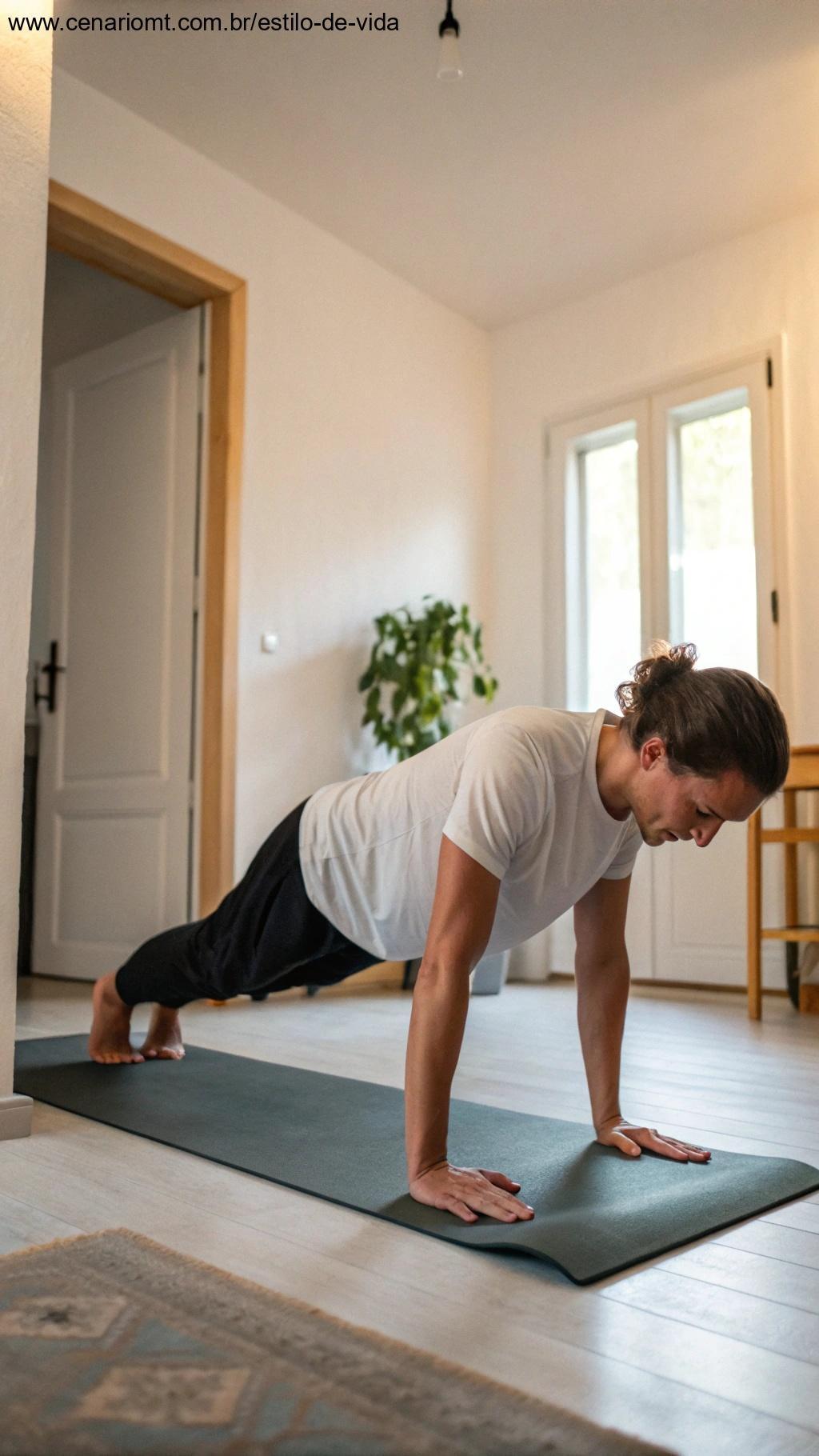 Pessoa fazendo flexão de braços em um ambiente de treino em casa