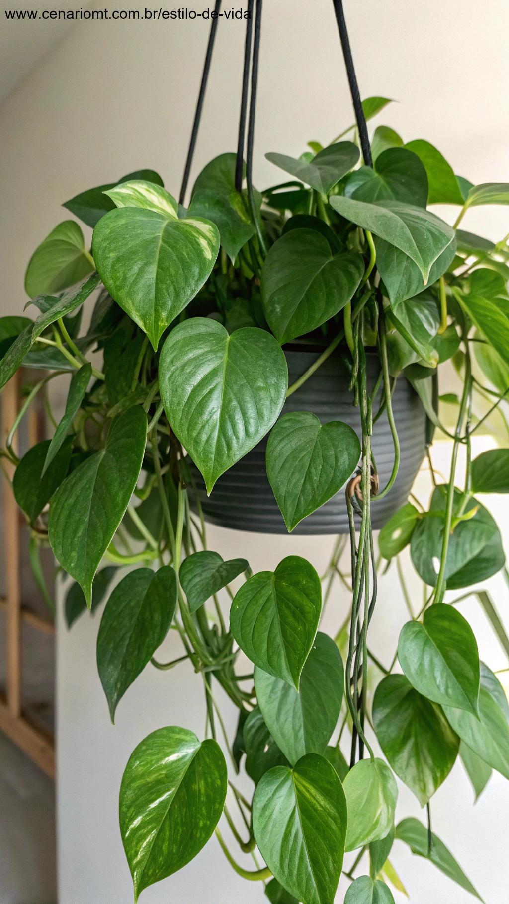 Planta Jiboia com folhas em forma de coração em um vaso suspenso