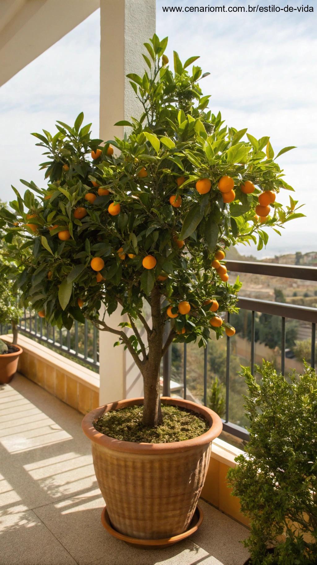 Árvore de laranja em um vaso no pátio, com frutas laranjas maduras.