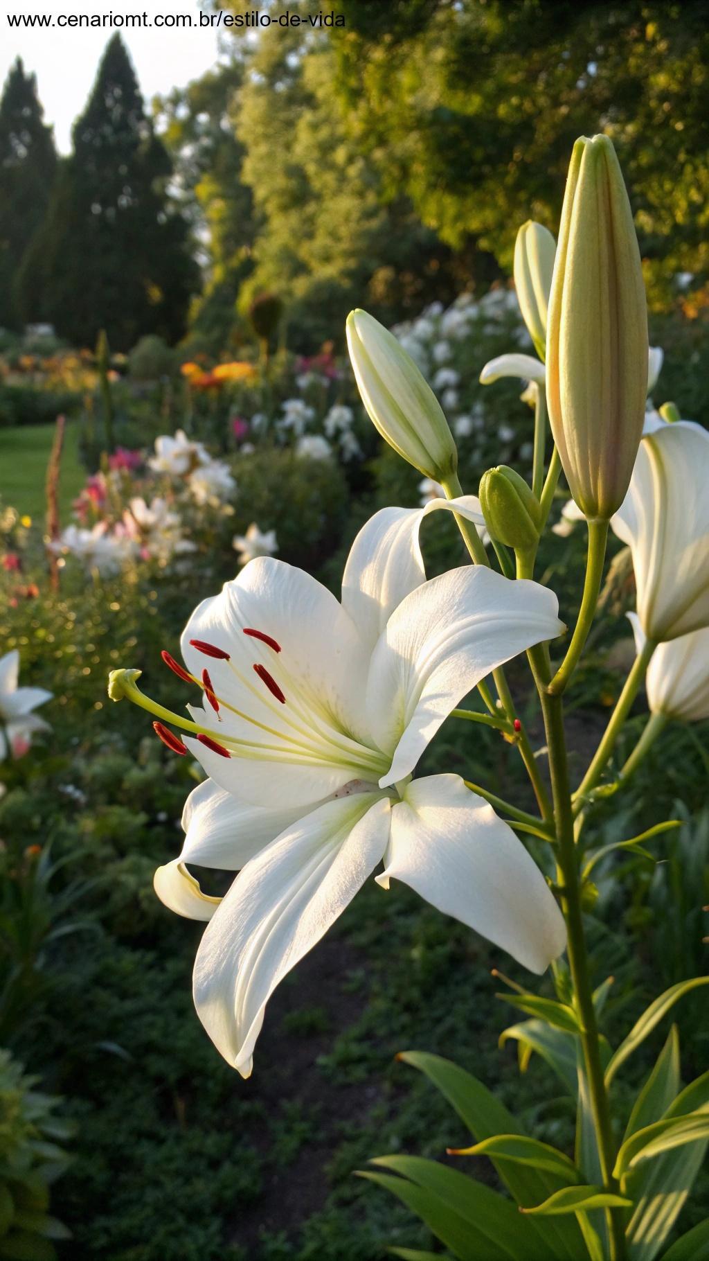 lírio branco em um jardim iluminado pelo sol
