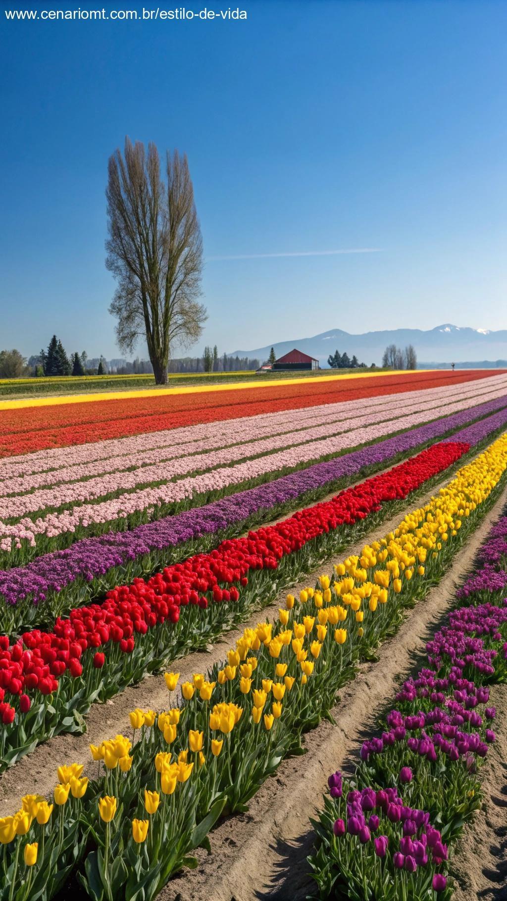 Um campo vibrante de tulipas na primavera, com fileiras de tulipas coloridas em vermelho, amarelo e roxo, contra um céu azul claro.