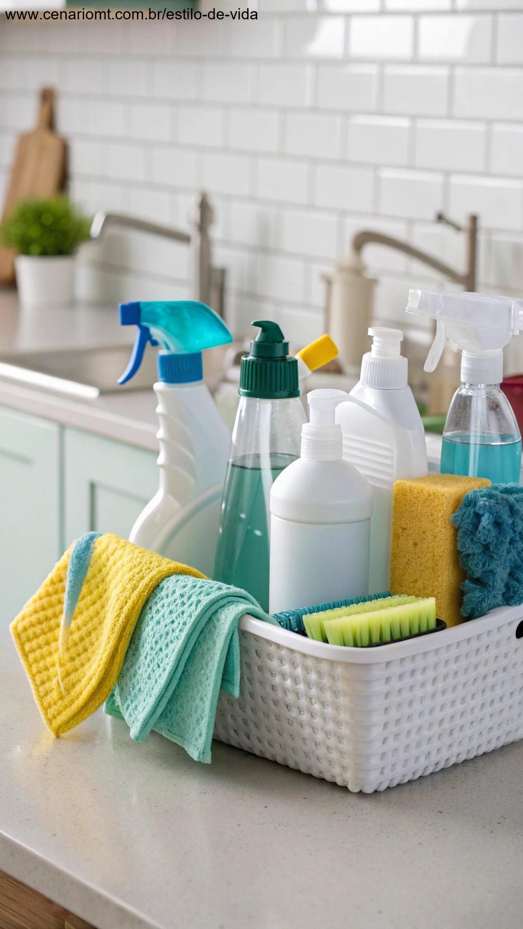 Produtos de limpeza multiuso organizados em um balcão de cozinha.