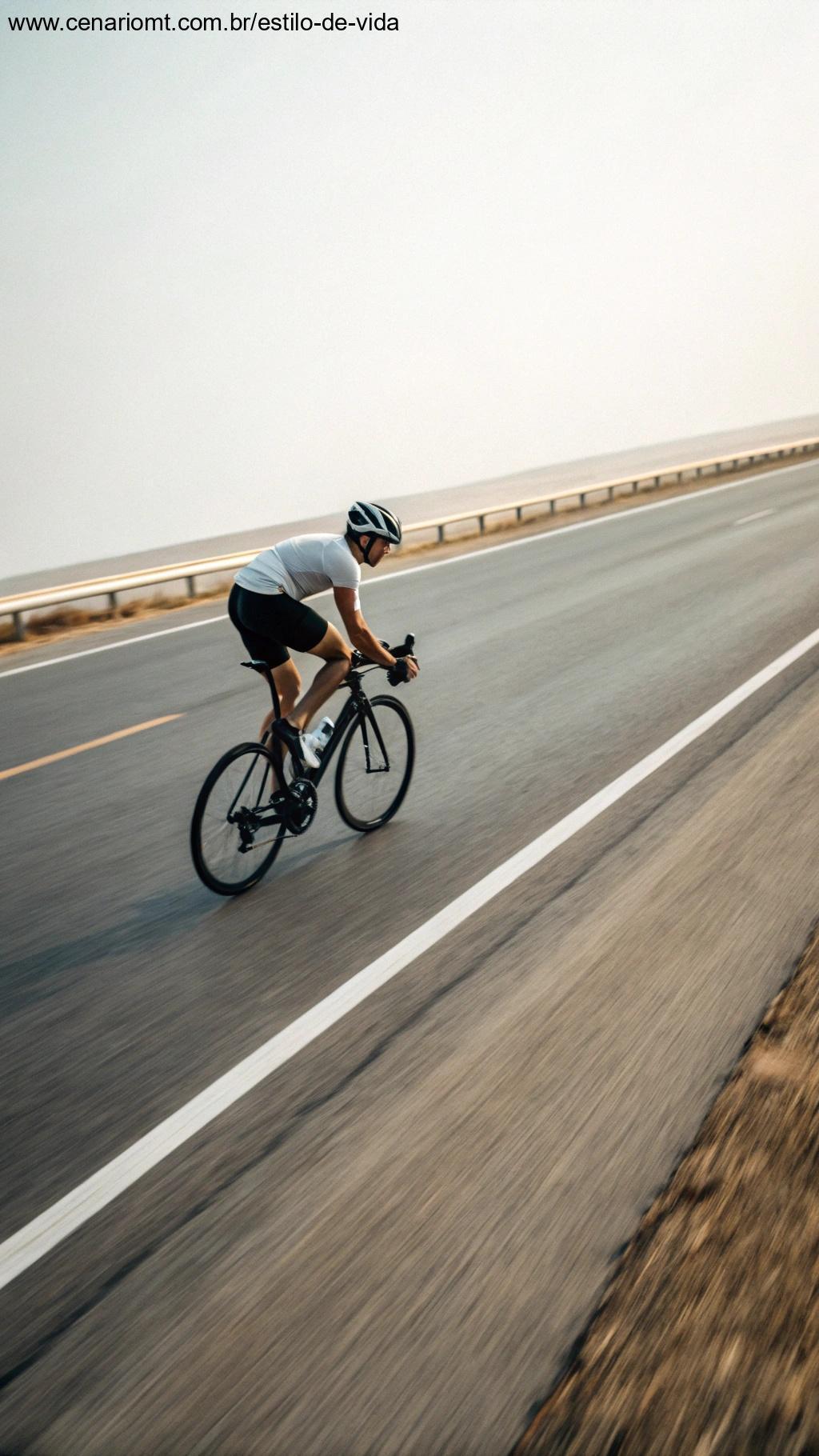 Ciclista acelerando em uma estrada plana, com borrão de movimento representando velocidade