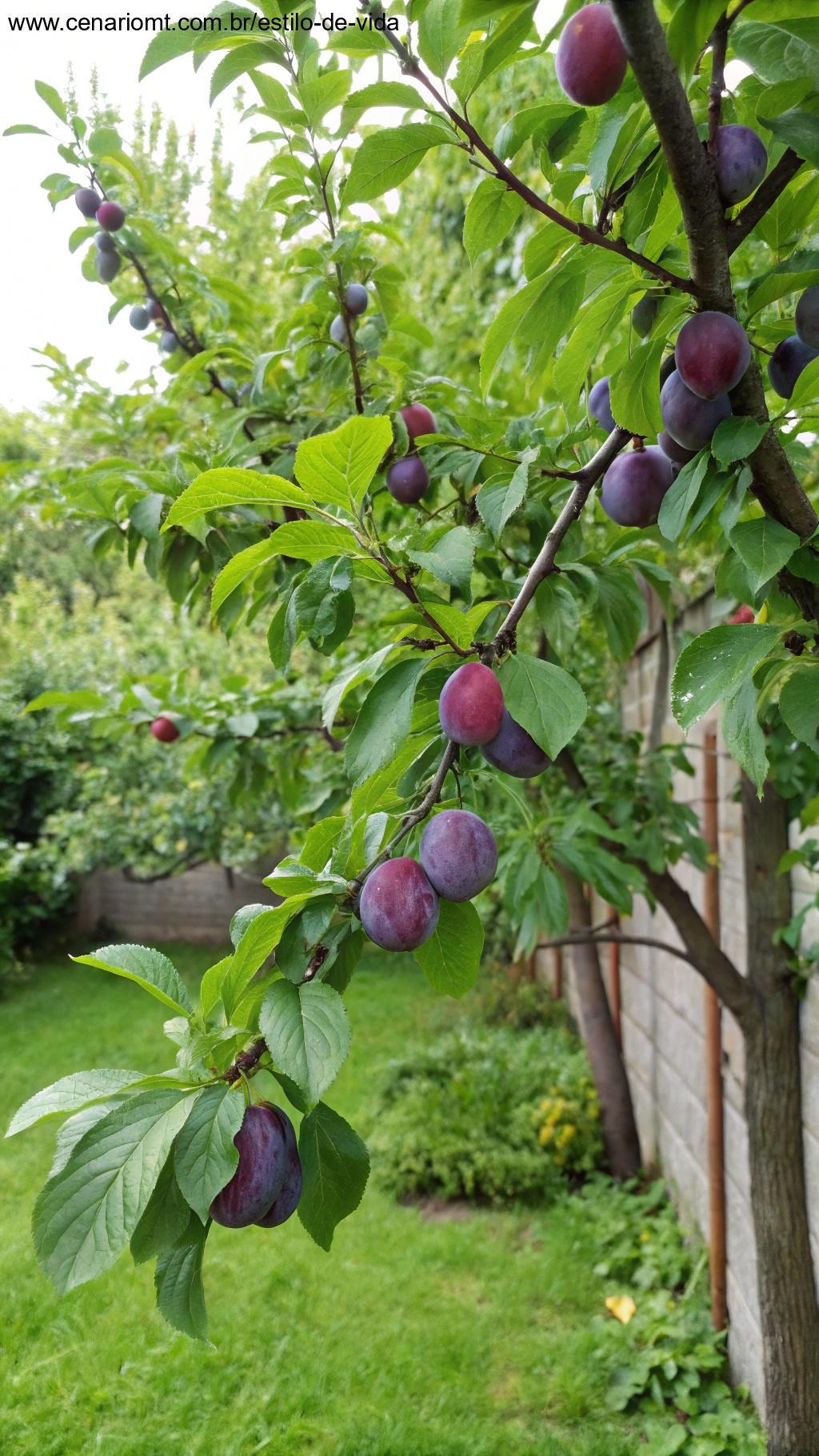 Árvore de ameixa com frutos maduros em um jardim pequeno.