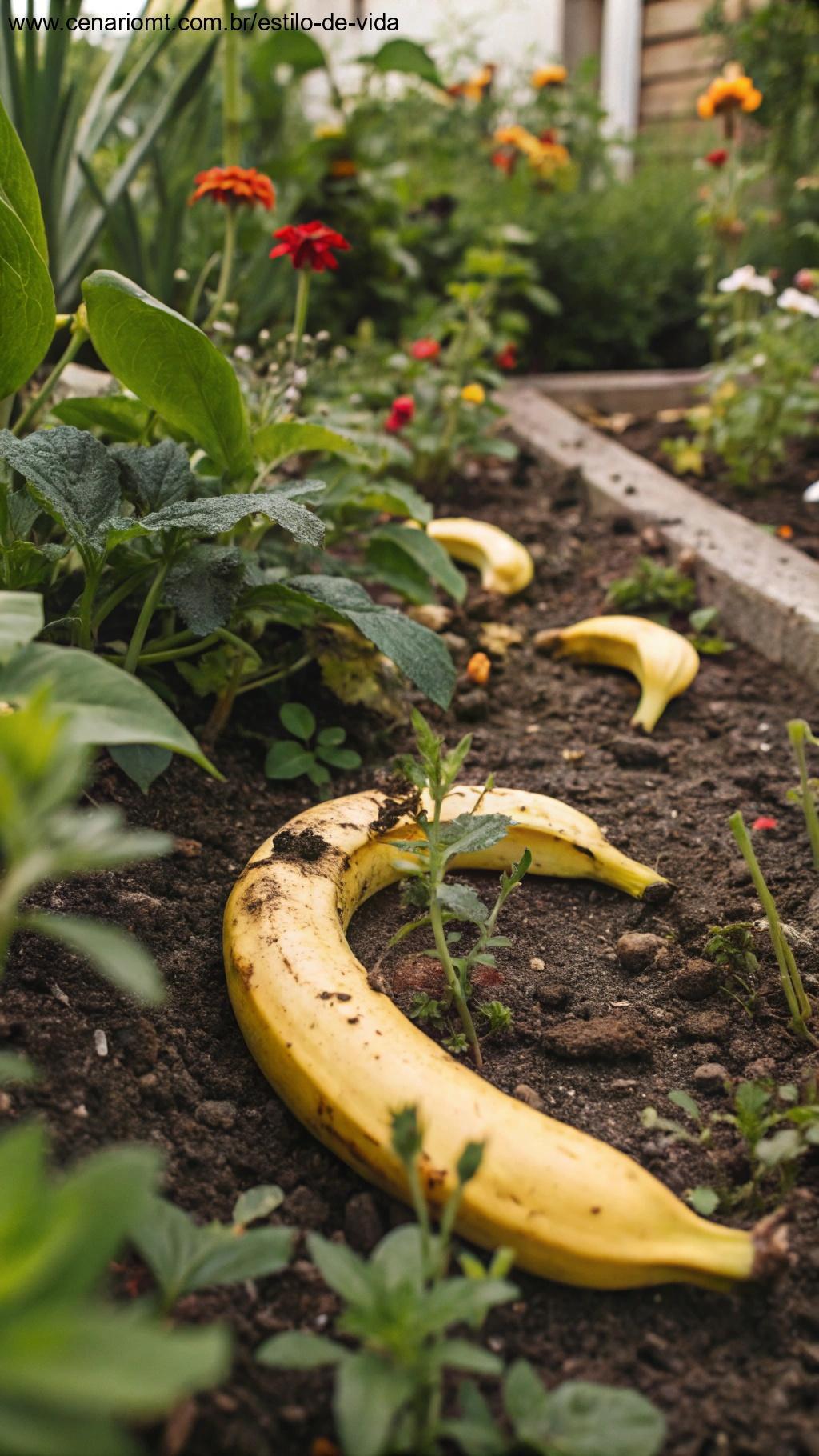 Cascas de banana ao redor de plantas, ajudando a enriquecer o solo da horta.