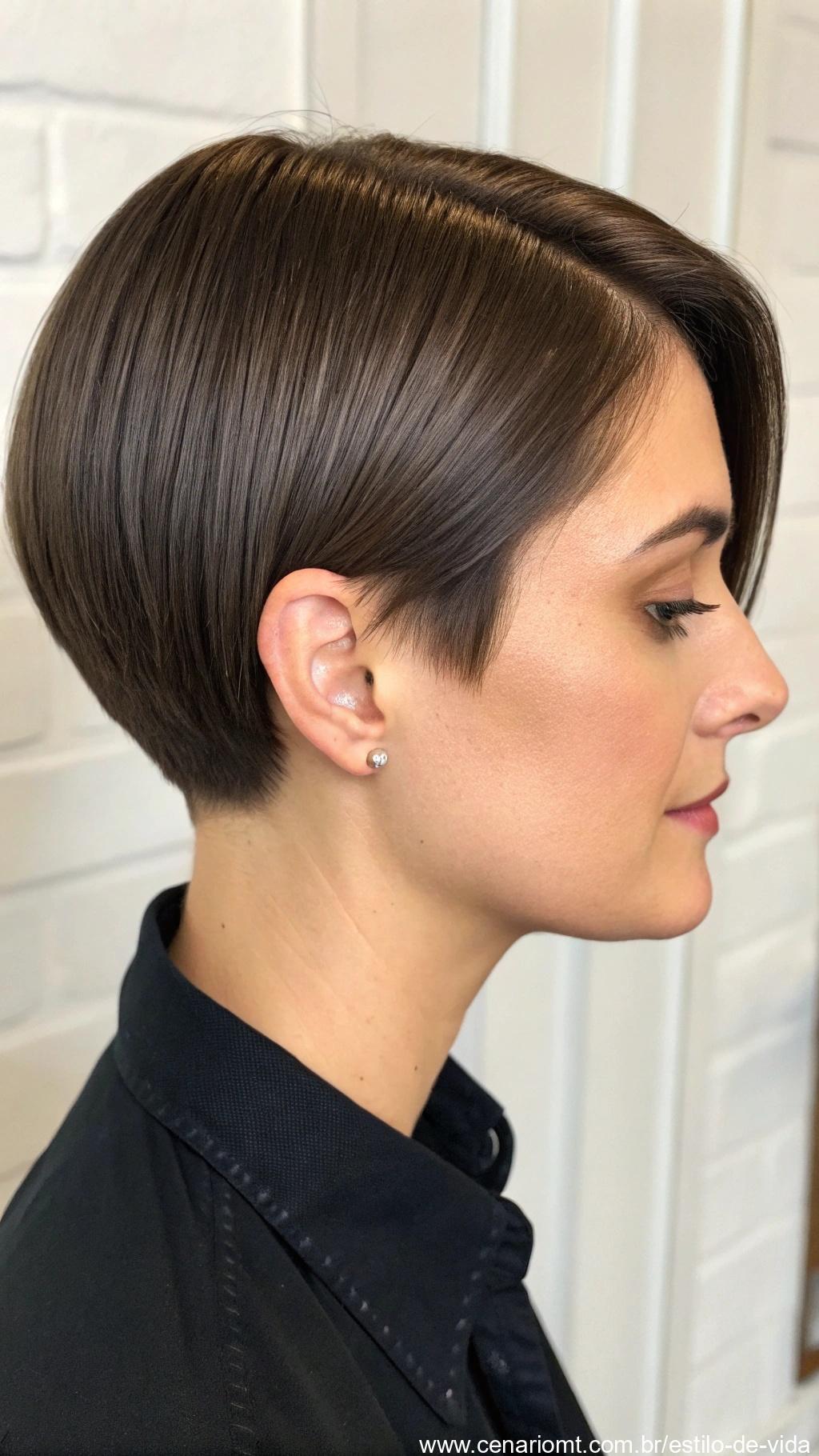 Corte curto com franja lateral lisa e brilhante.