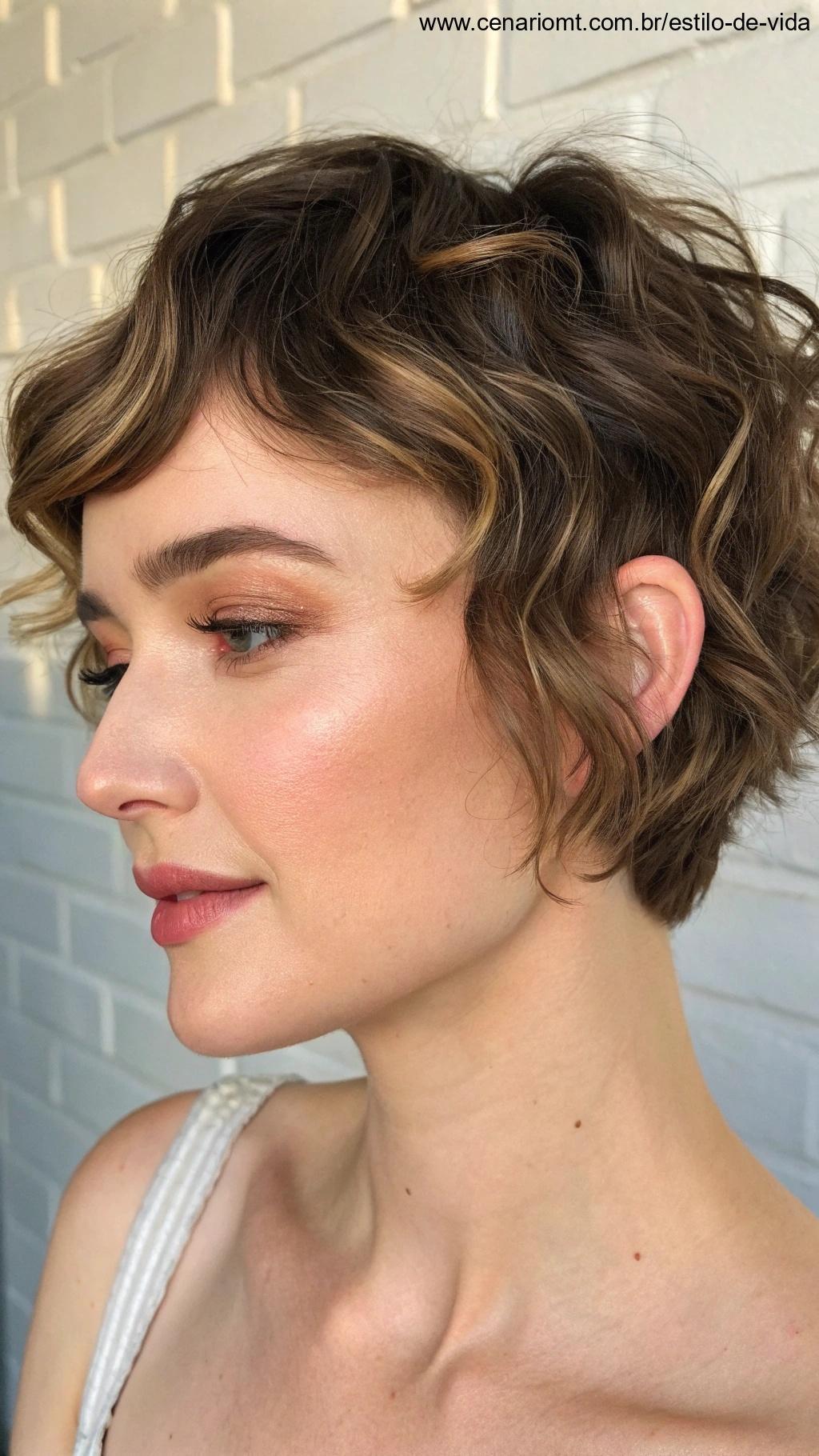 Corte curto com franja lateral e ondas naturais em uma mulher com pele radiante.