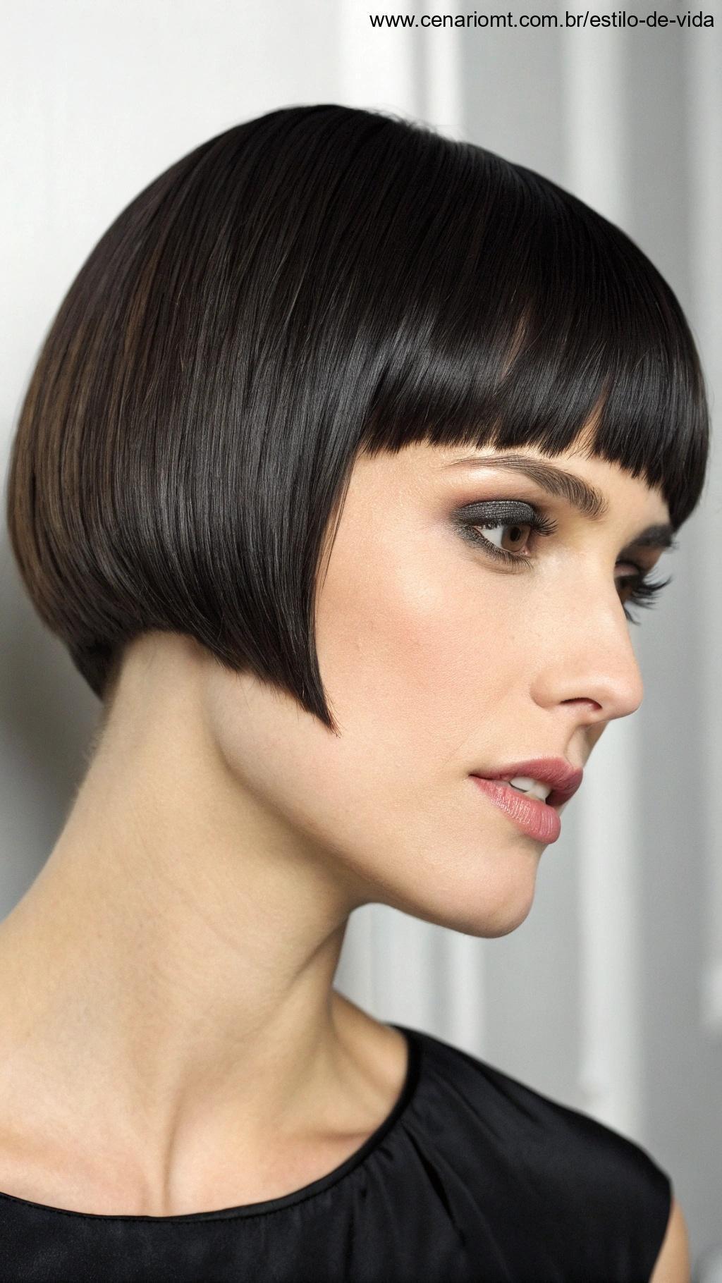Corte curto com franja retinha: corte curto moderno com franjas retas e suaves.