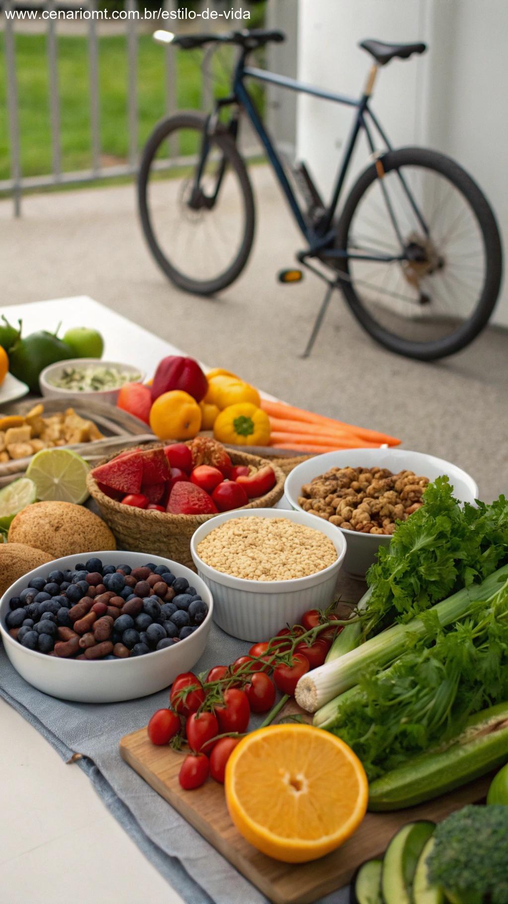 Mesa com alimentos saudáveis como frutas, legumes, nozes e grãos integrais, com uma bicicleta ao fundo