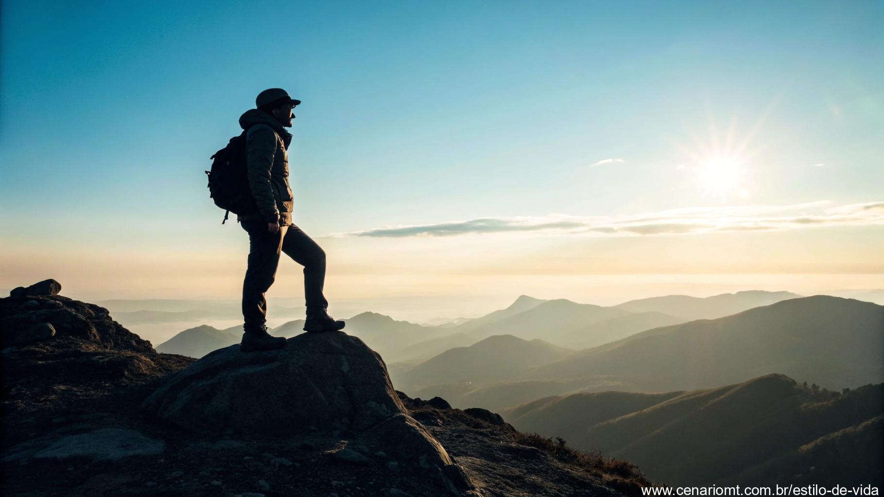 Caminhante solitário no topo de uma montanha ao amanhecer, simbolizando força e coragem.