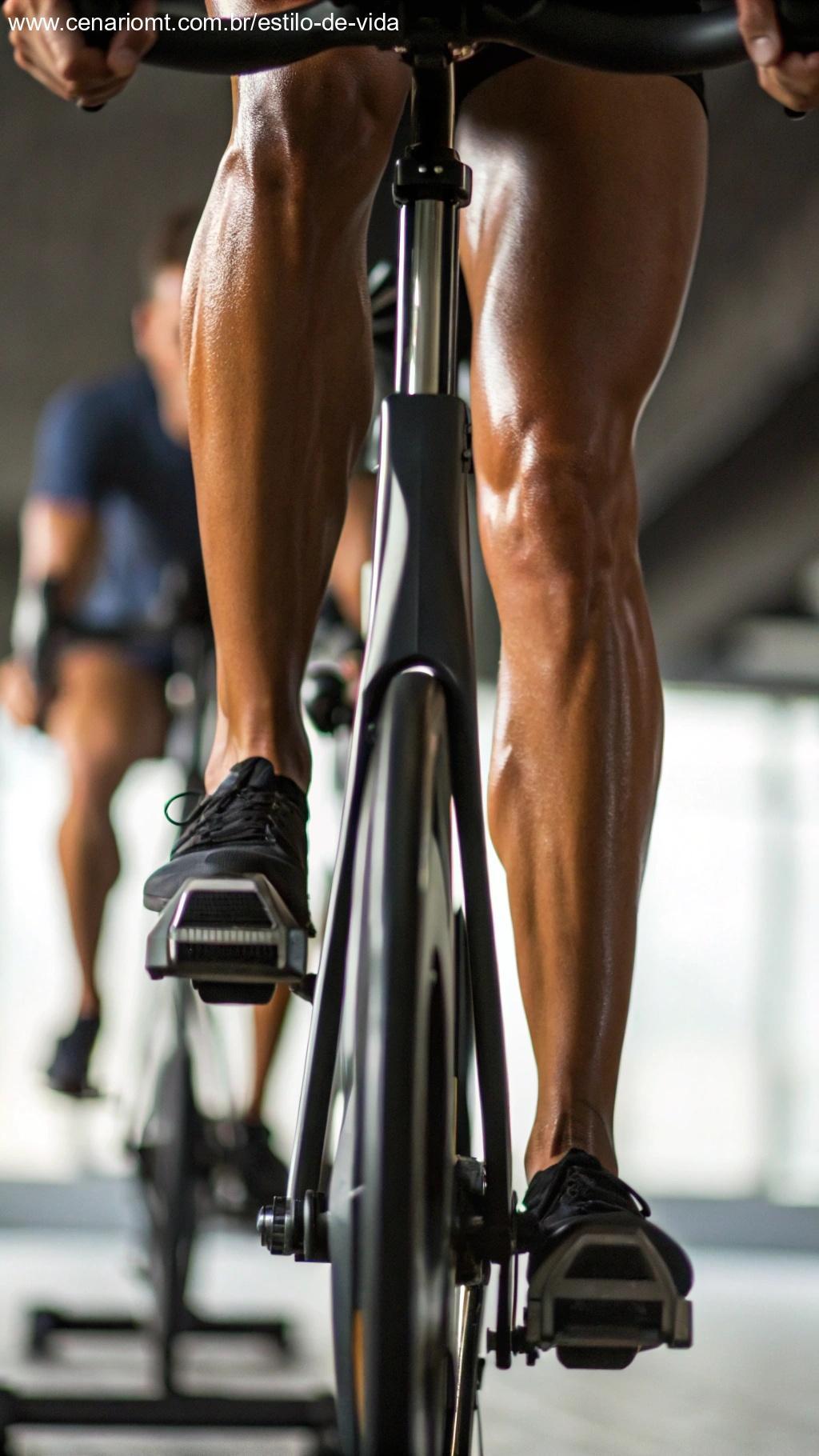 Close-up de pernas fortes e tonificadas pedalando em uma bicicleta, destacando a força muscular.
