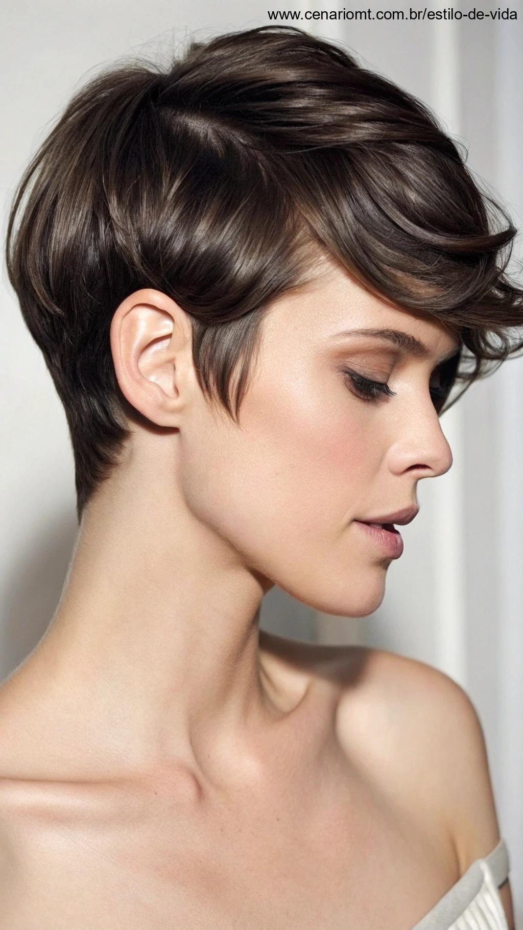 Corte pixie com franja lateral, suave e elegante.