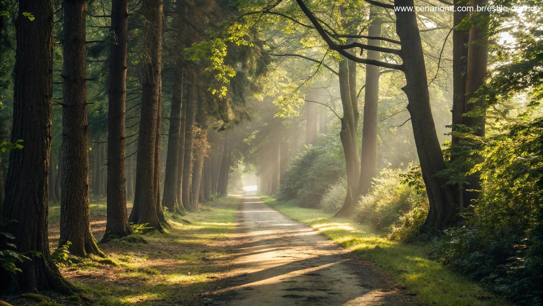 Imagem de um caminho na floresta iluminado pela luz suave do sol, simbolizando reflexão e espiritualidade.