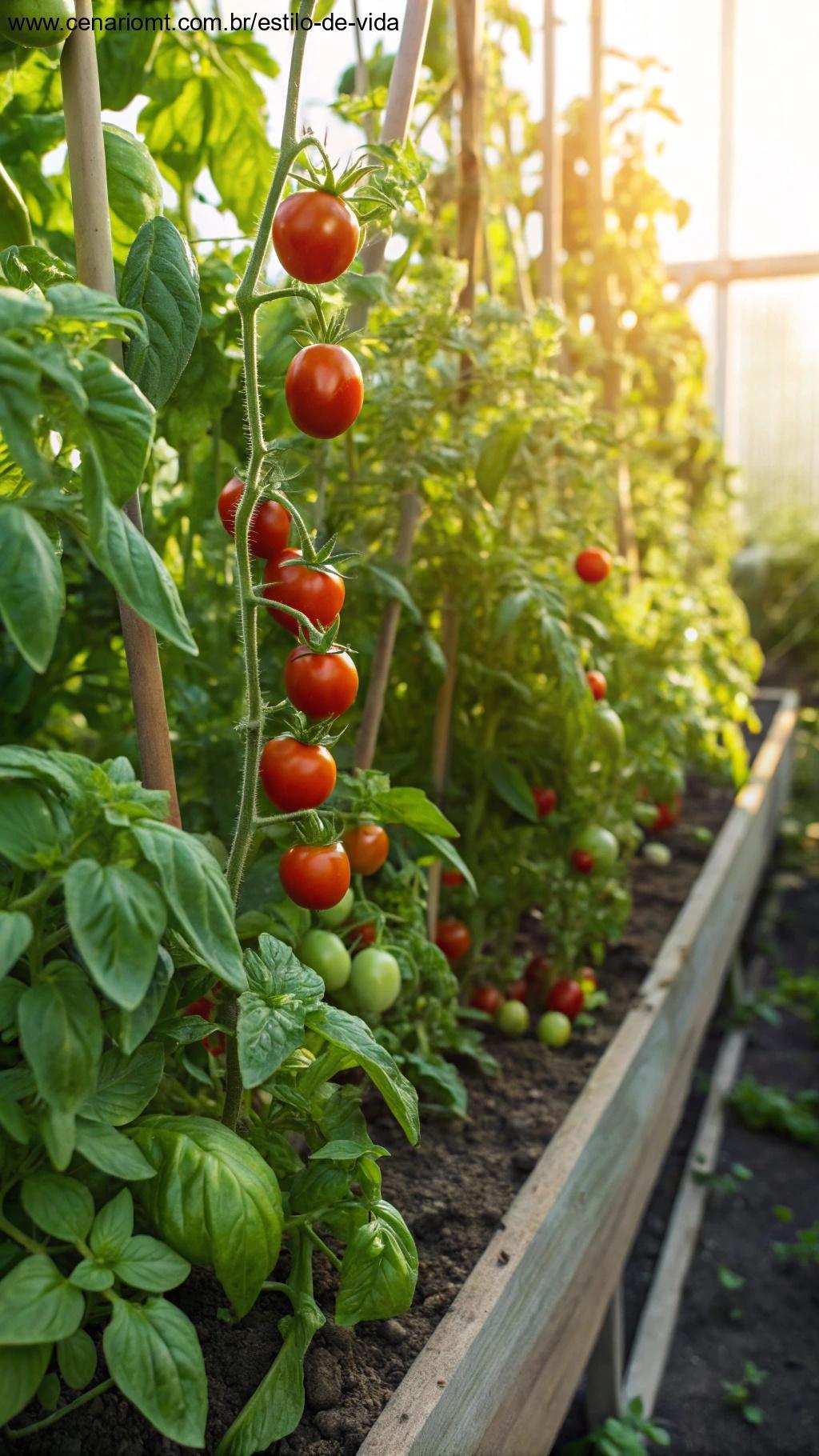 Plantas de tomate intercaladas com folhas de manjericão, ambas prosperando em um canteiro ensolarado.