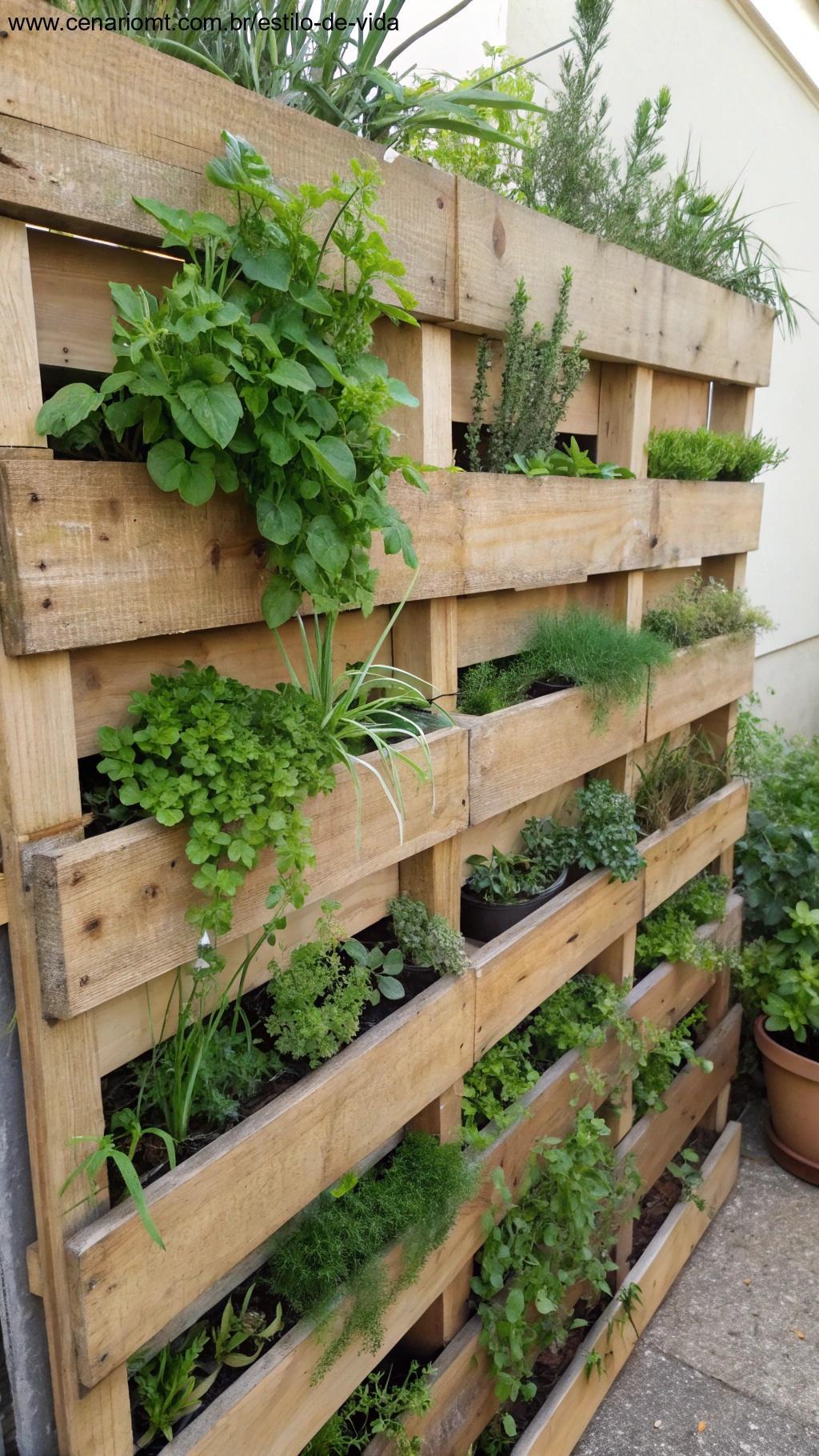 Pallets de madeira dispostos verticalmente com plantas e ervas crescendo nas lacunas, criando uma horta vertical.