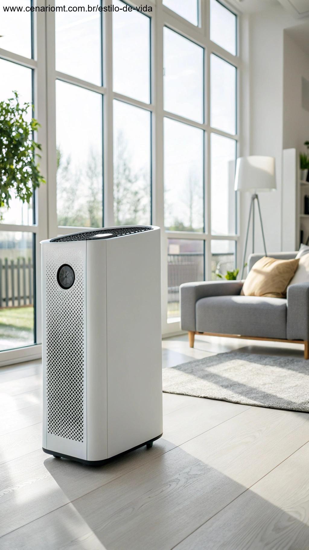 Purificador de ar com filtros nanotecnológicos em um ambiente claro