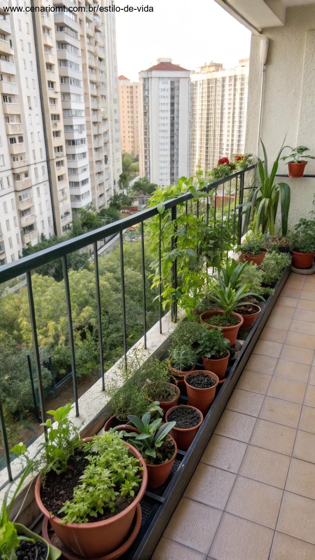 Jardim em um pequeno espaço de varanda, com plantas em vasos.