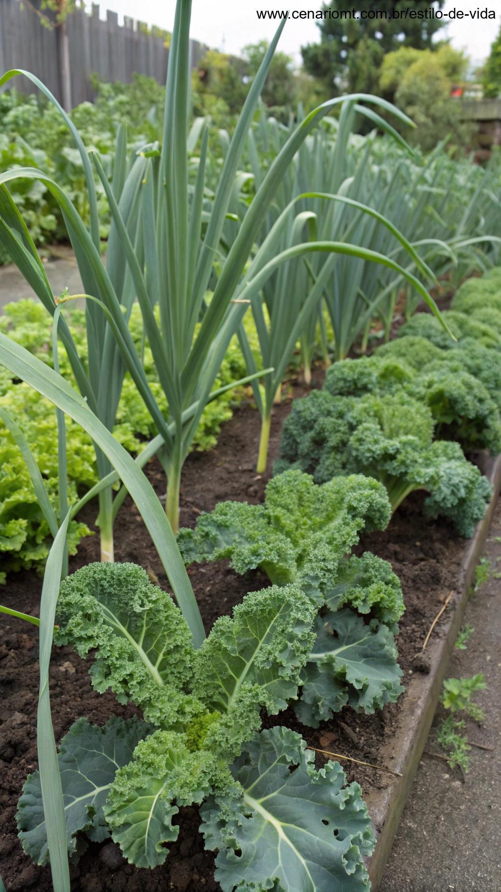 Couve crescendo ao lado de plantas de alho, ambas mostrando um crescimento forte e vibrante com folhas verdes escuras.
