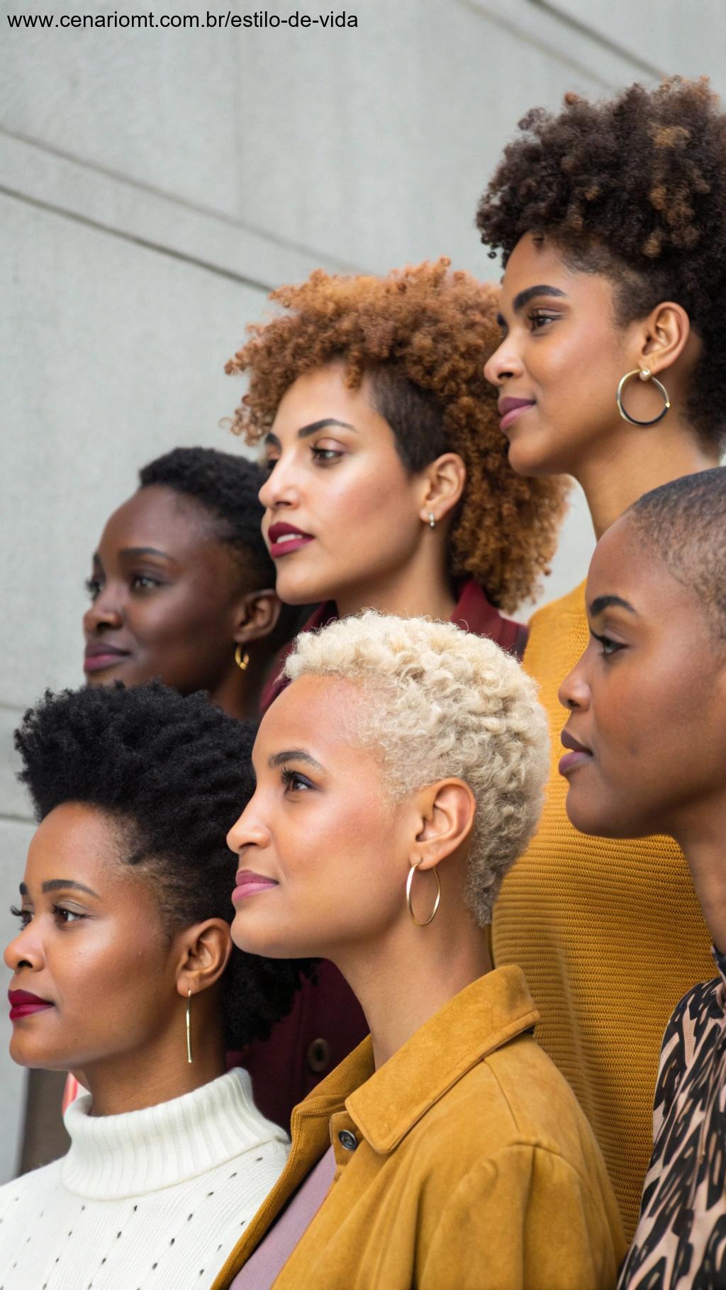 Grupo diverso de mulheres com diferentes texturas de cabelo, todas com cortes pixie estilosos