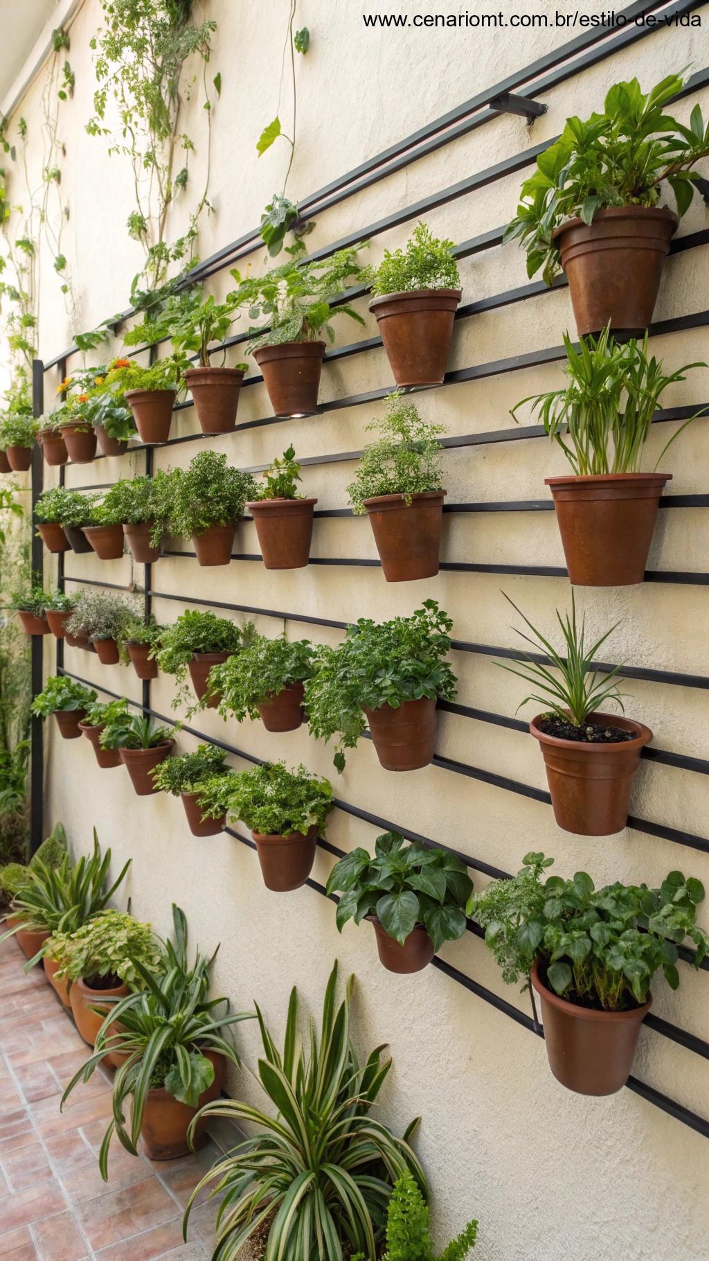 Suportes verticais para plantas instalados em uma parede, com vasos de plantas organizados de forma ordenada.