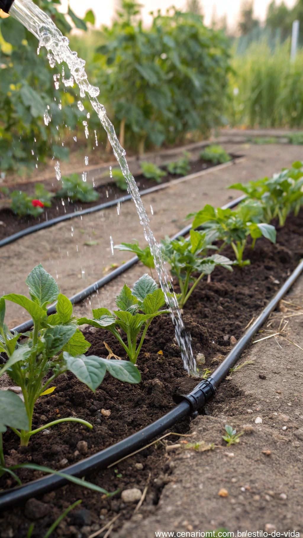 Sistema de irrigação por gotejamento em um jardim, com foco no uso consciente da água.