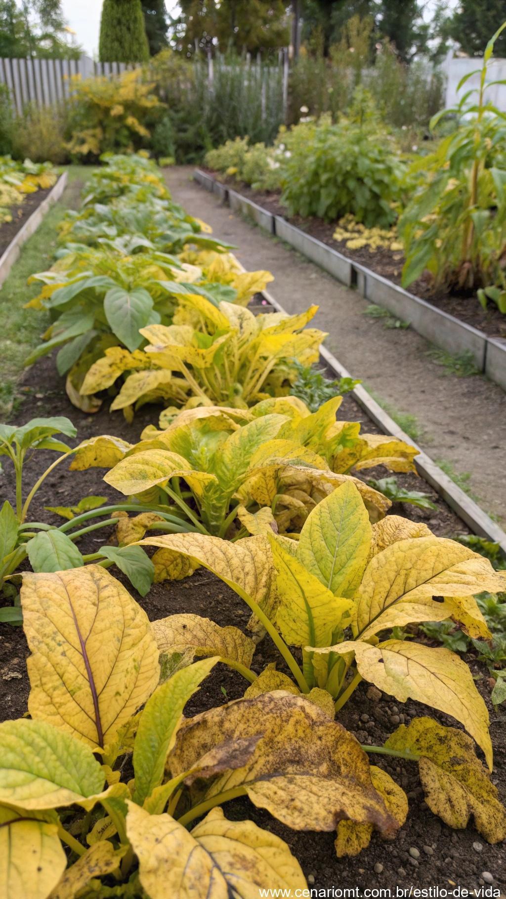 Plantas com falta de nutrientes mostrando folhas amareladas e crescimento prejudicado.