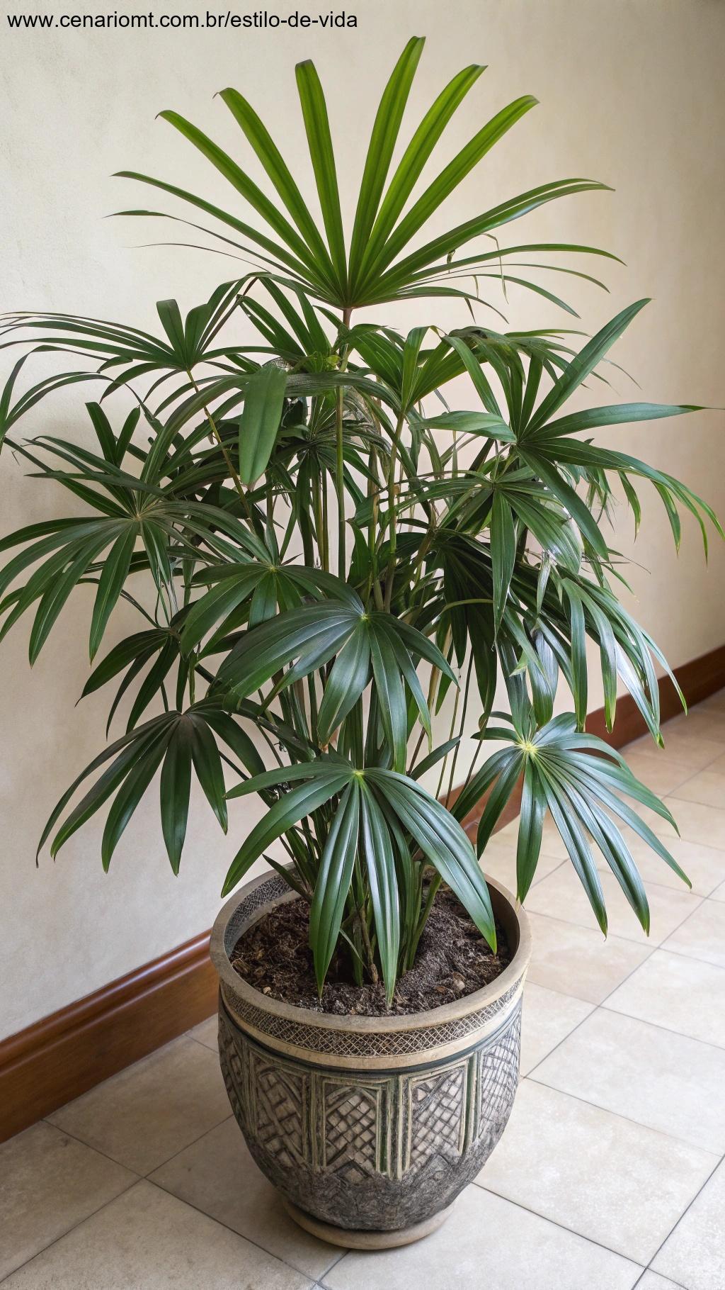 Planta Palmeira-Ráfis com folhas em leque em um vaso decorativo