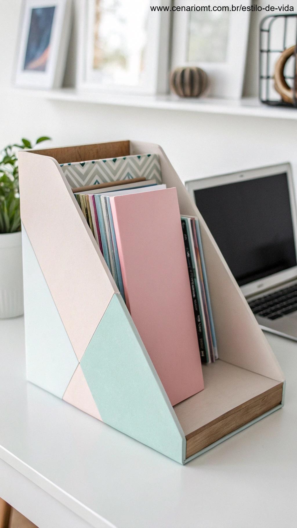 Porta-revistas feito de papelão com acabamento colorido.