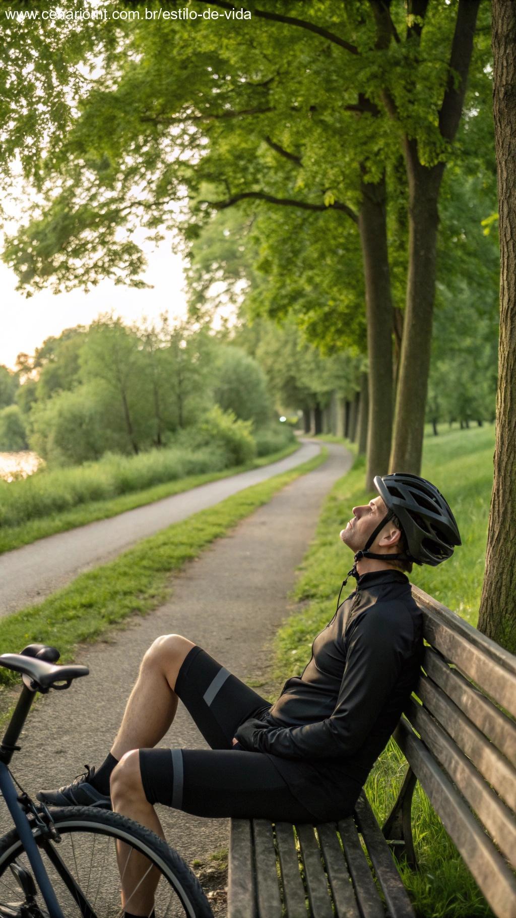 Ciclista relaxando após um longo passeio, aproveitando a tranquilidade do ambiente