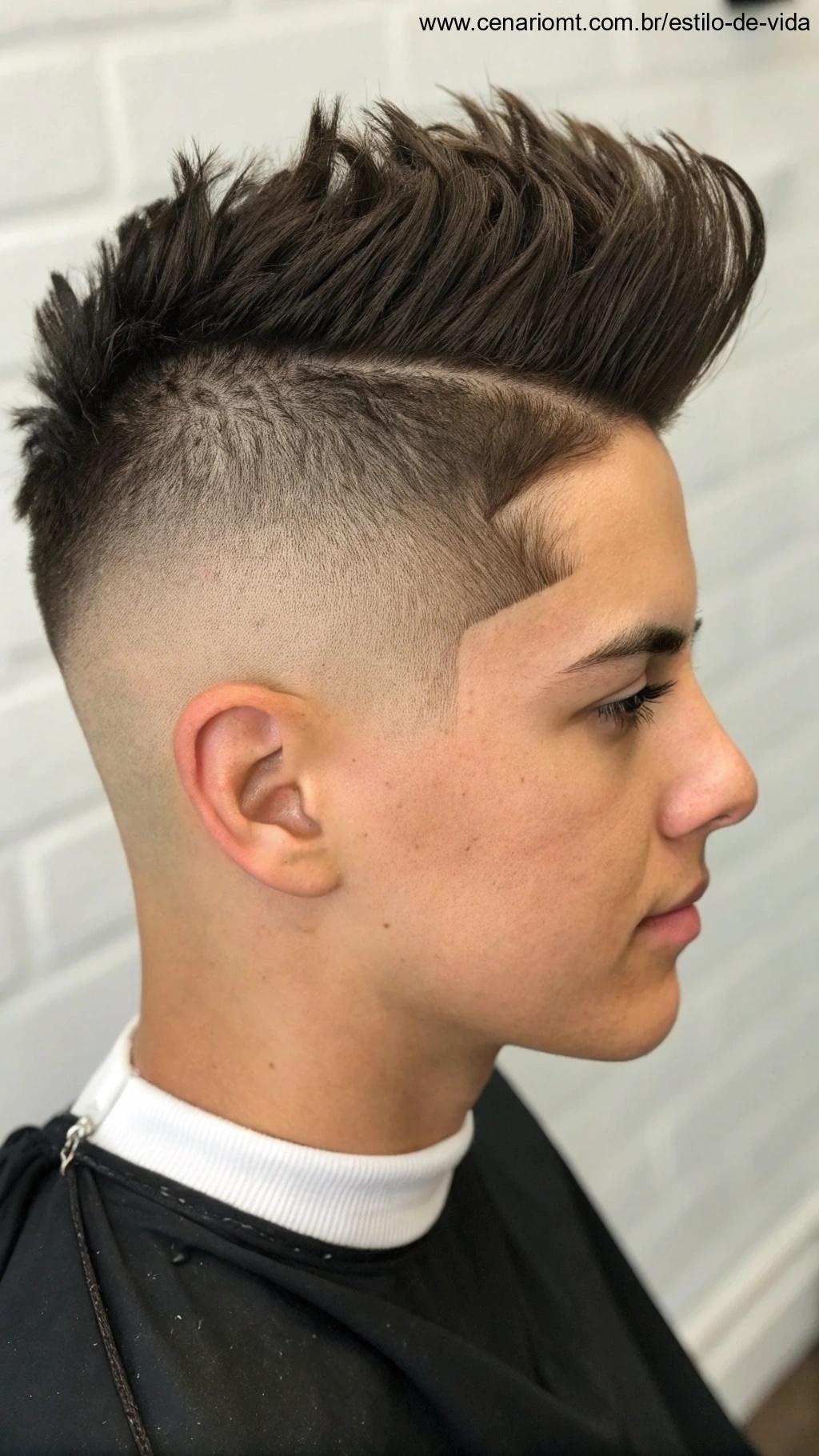Corte undercut curto com contraste entre os lados e o topo.