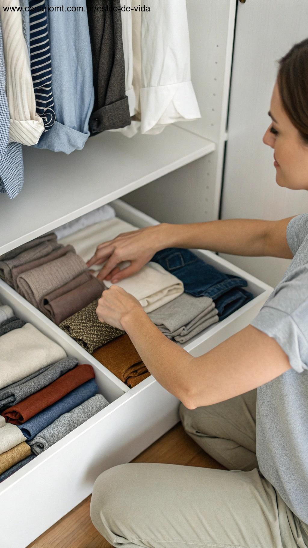 Pessoa reorganizando as roupas dentro de um armário.