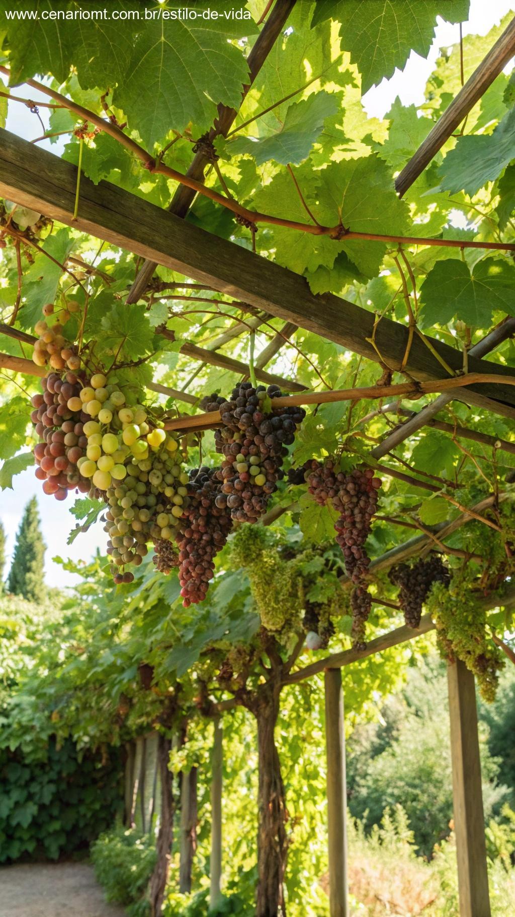 Videira com cachos de uvas maduras em uma cerca de jardim.