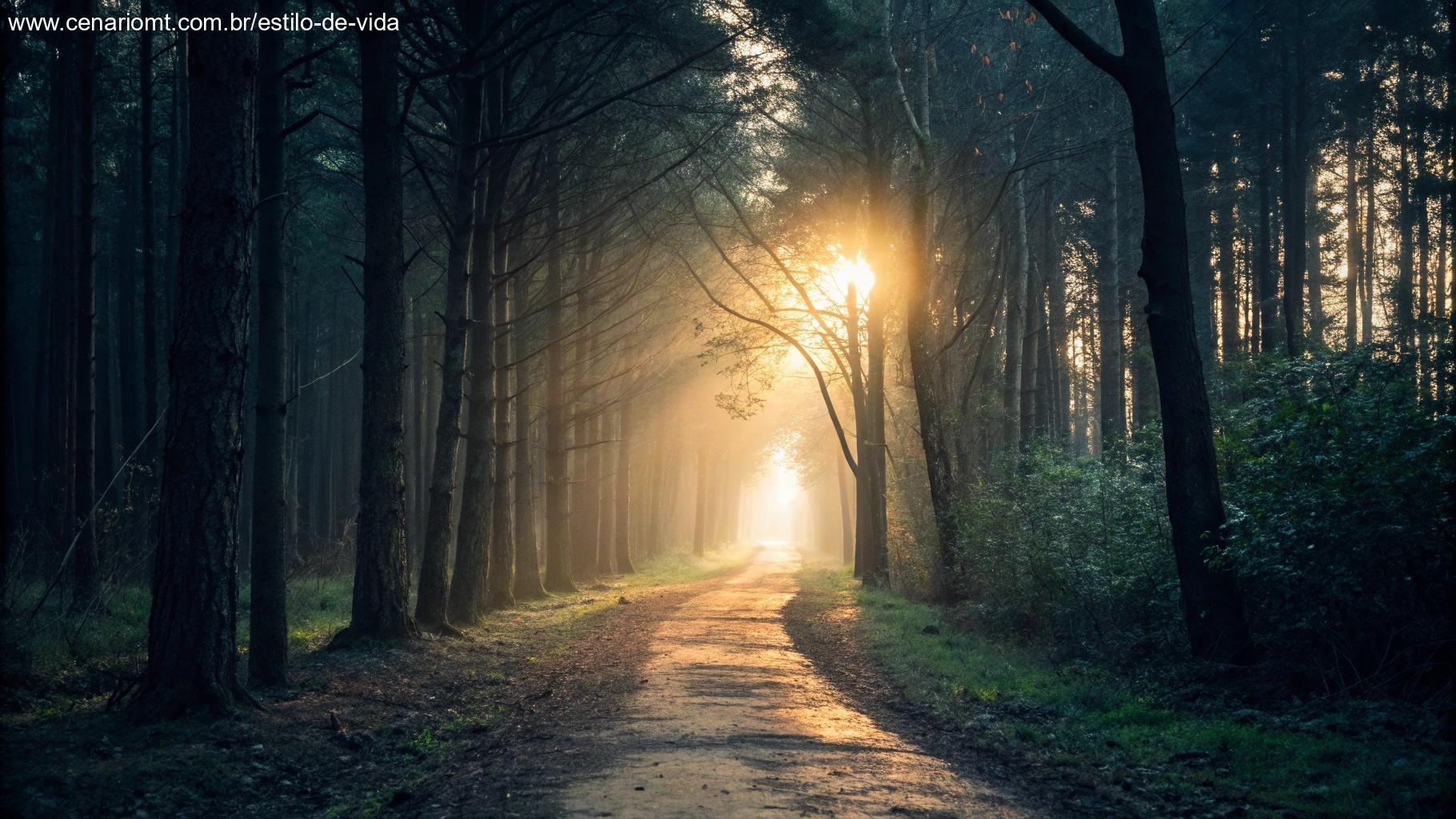 Luz brilhante iluminando um caminho através de uma floresta, simbolizando a fé que nos move.
