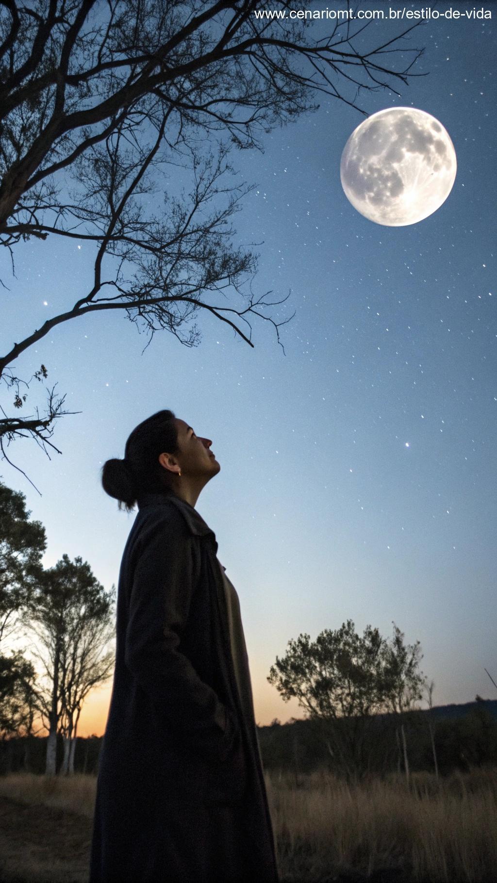 Cena iluminada pela lua com uma mulher, simbolizando a conexão com o ciclo menstrual.
