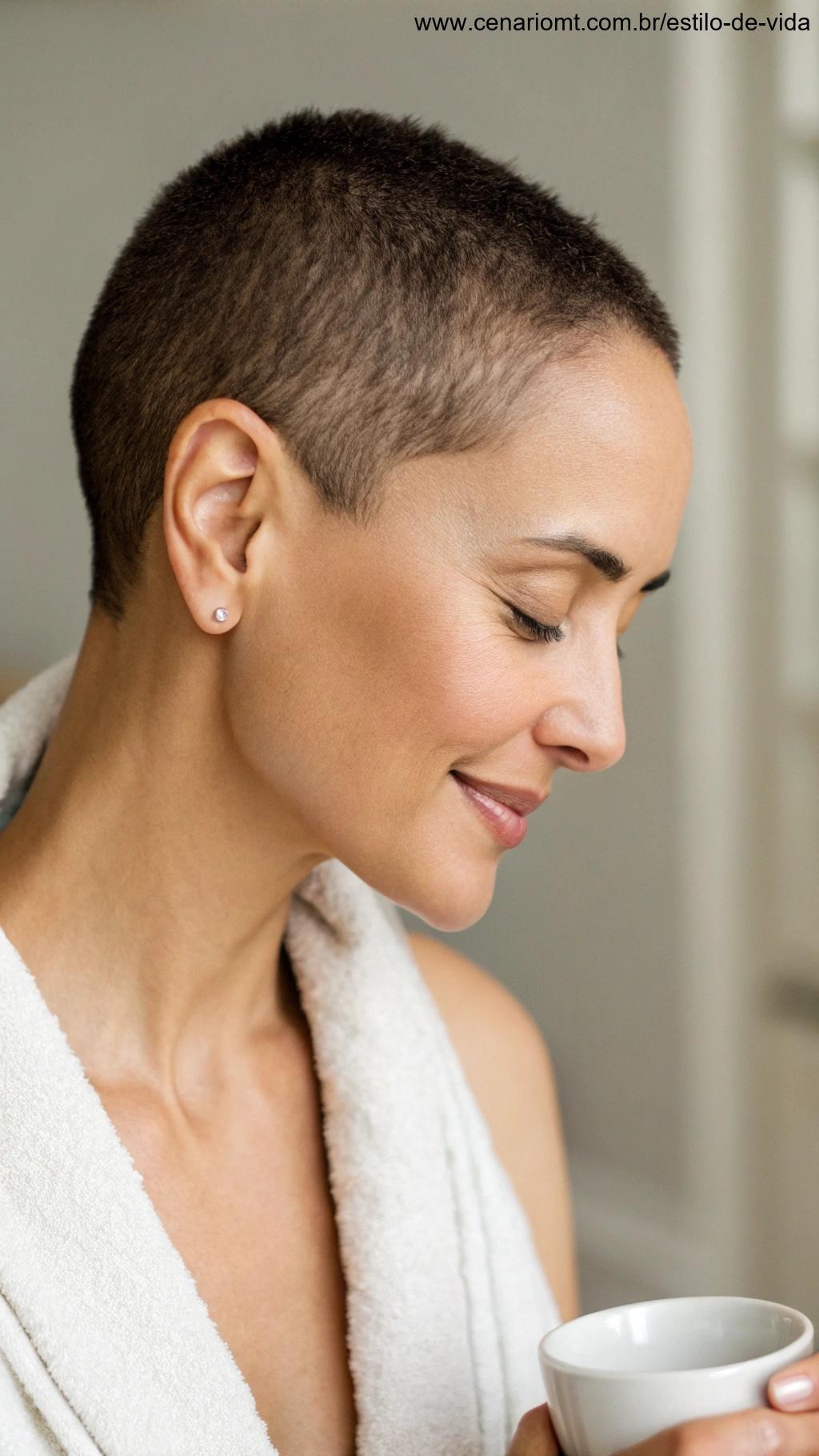 Mulher com corte pixie aproveitando sua rotina matinal, destacando a baixa manutenção do corte