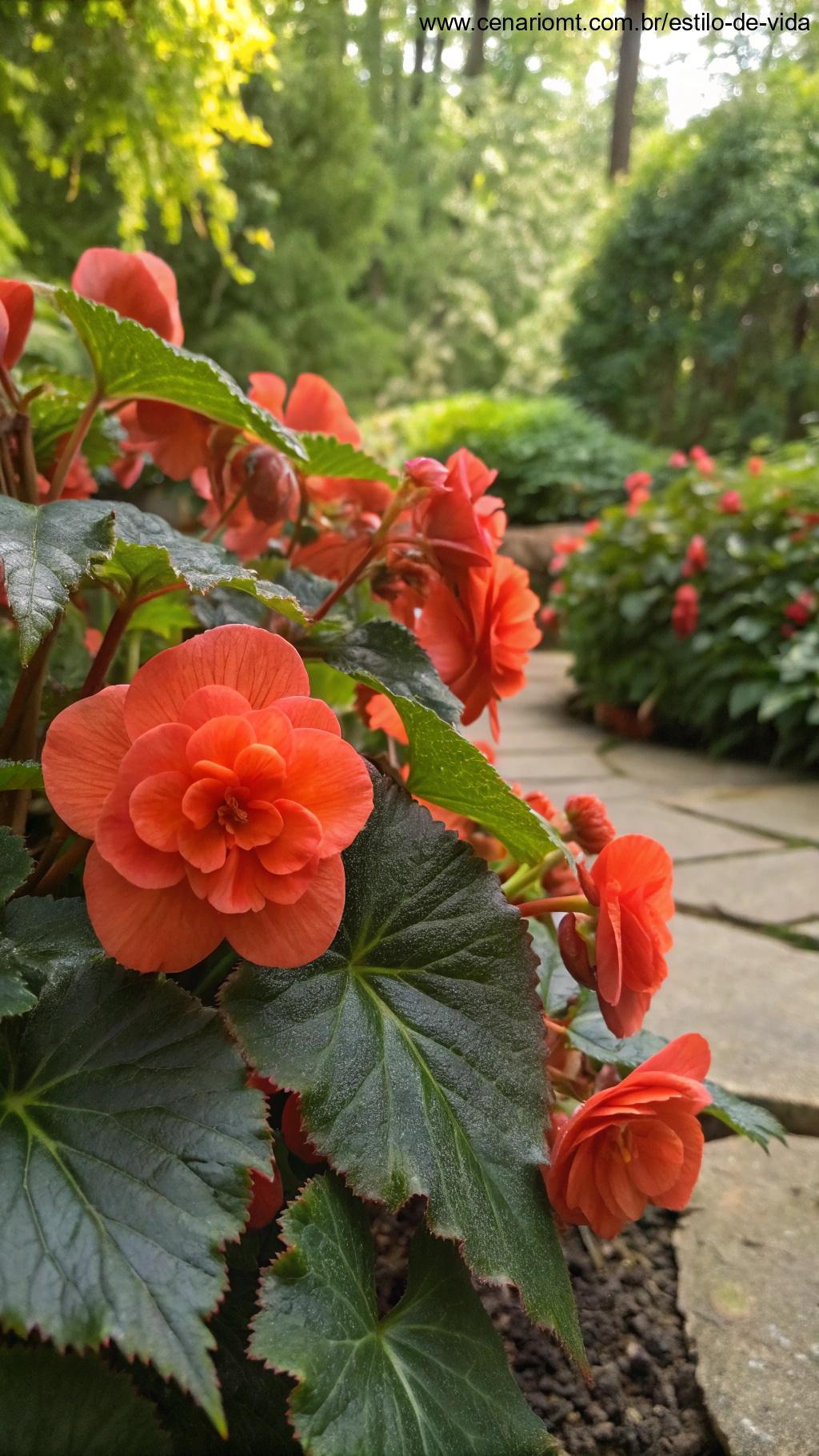 begônia coral em canto de jardim sombreado
