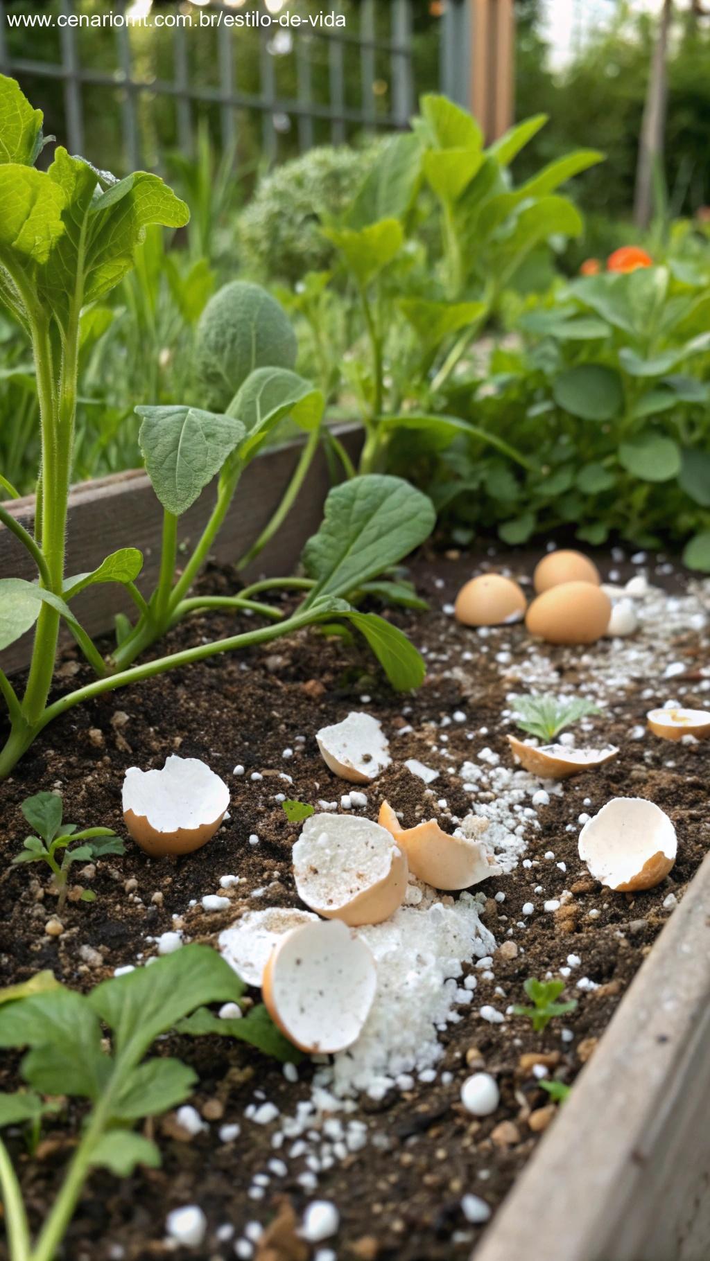 Cascas de ovos esmagadas ao redor das plantas no solo da horta.