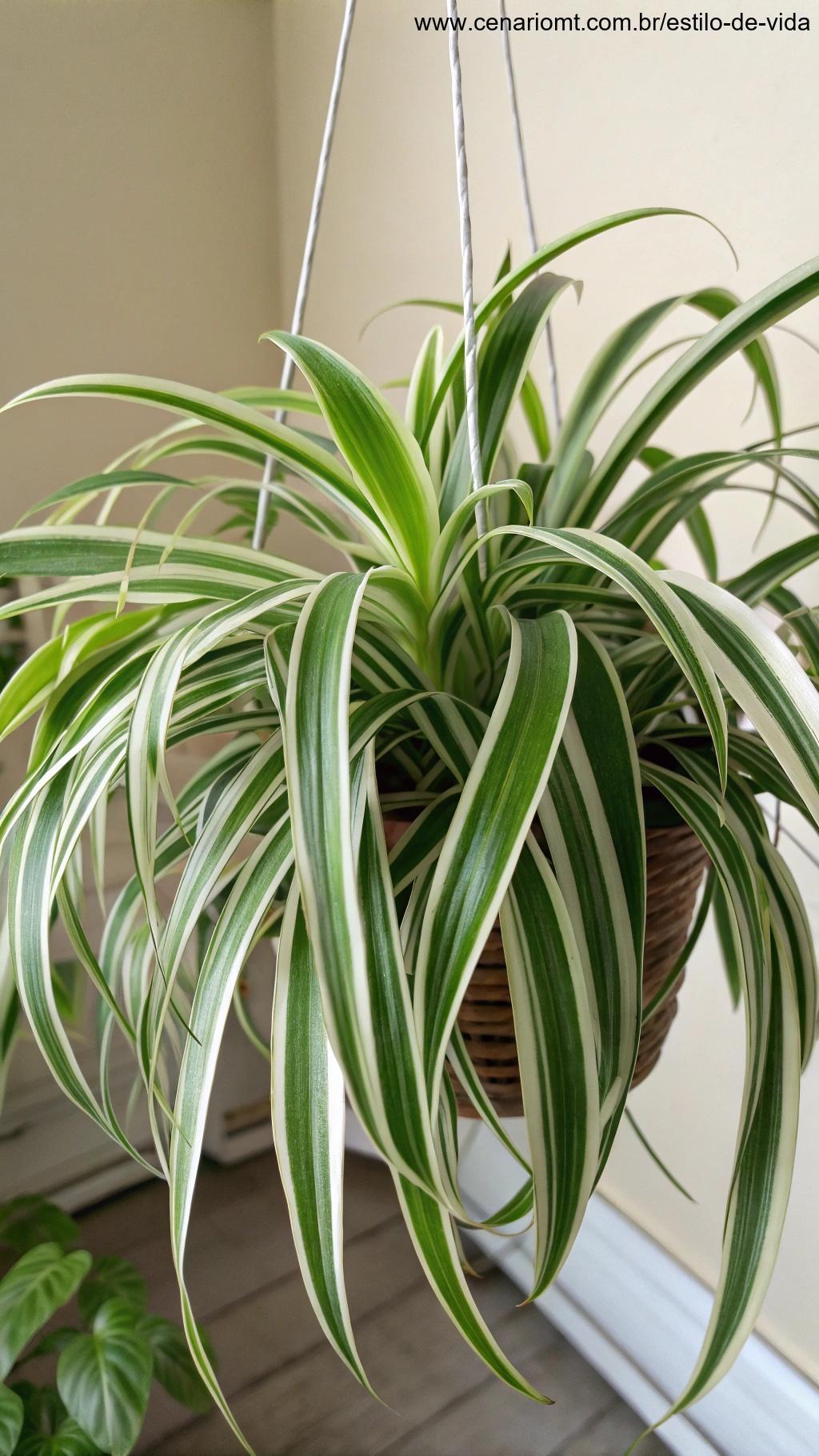 Planta Clorofito com folhas verdes e brancas em um vaso suspenso