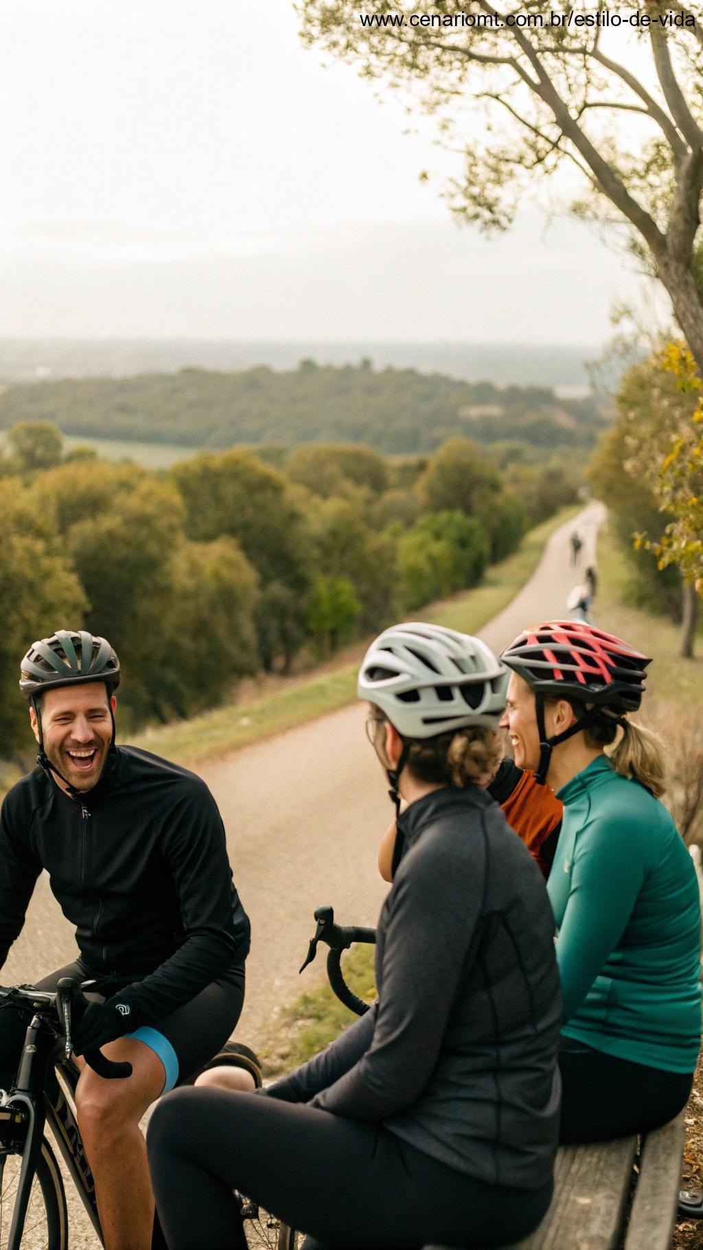 Grupo de ciclistas conversando e rindo durante uma pausa