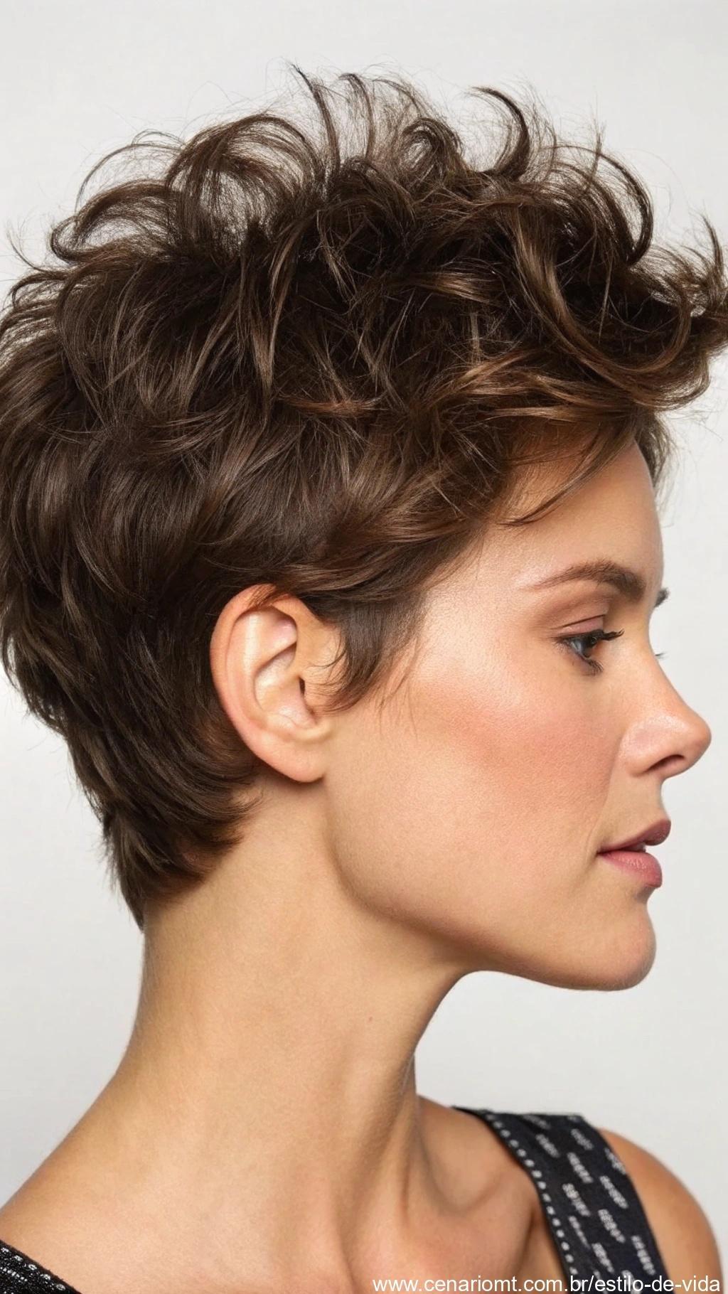 Corte curto texturizado com volume e movimento.