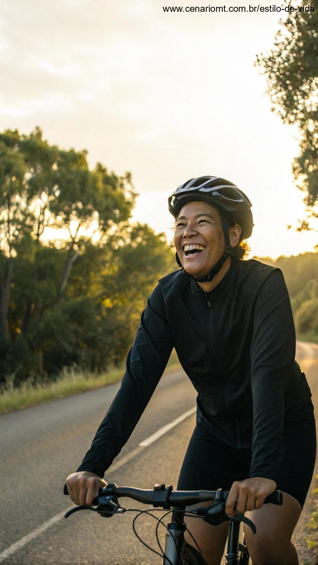 Pessoa pedalando com um sorriso, se sentindo mentalmente renovada e feliz após o exercício.