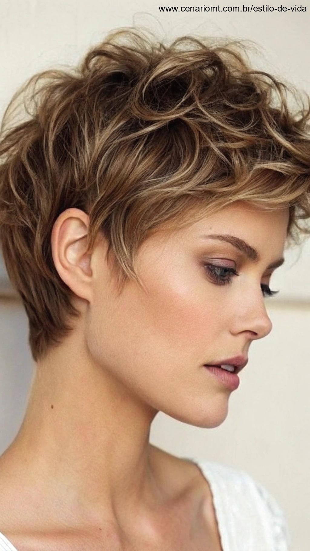 Corte pixie texturizado com camadas suaves.