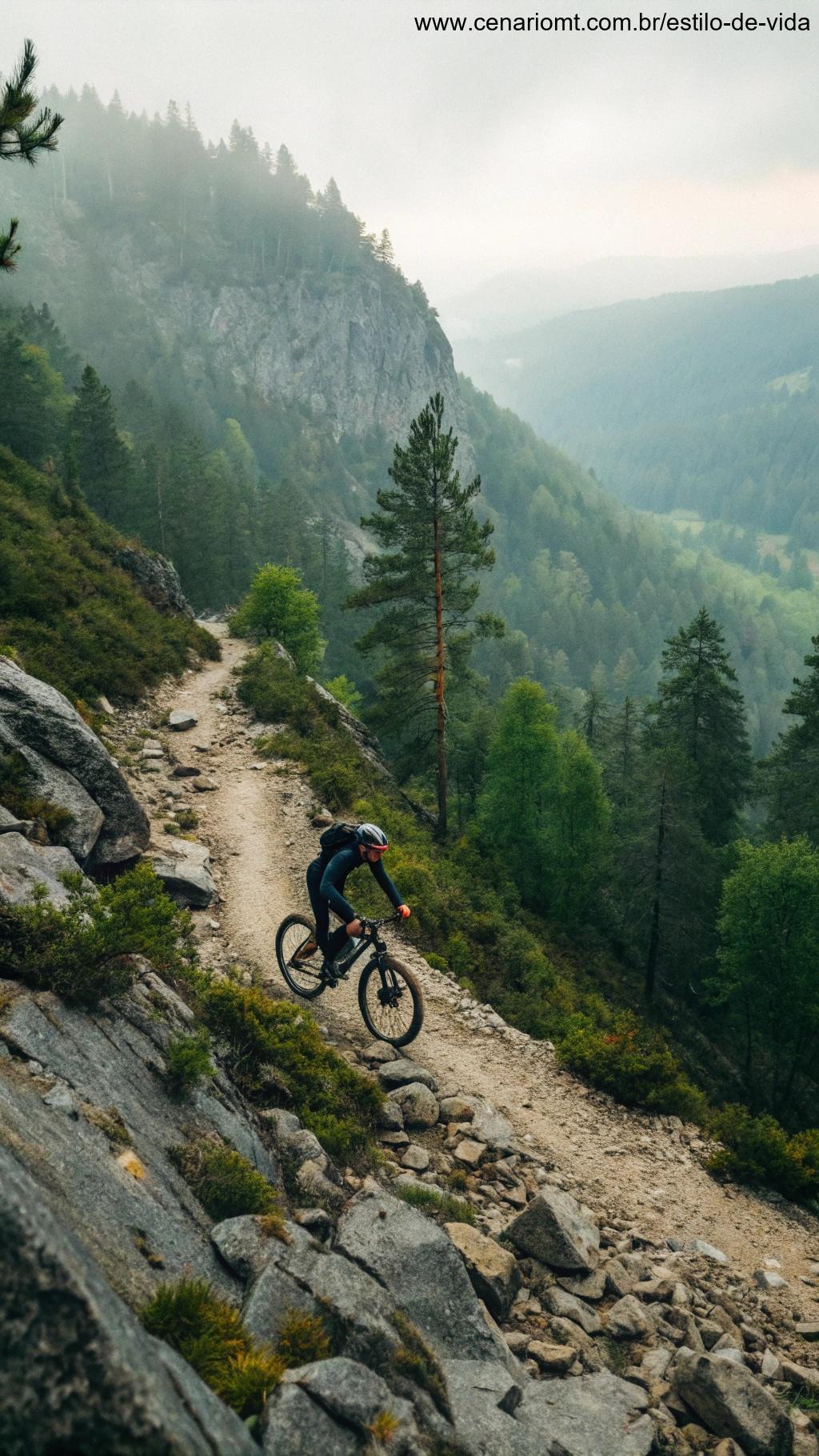 Ciclista pedalando em uma trilha montanhosa rochosa com terreno desafiador