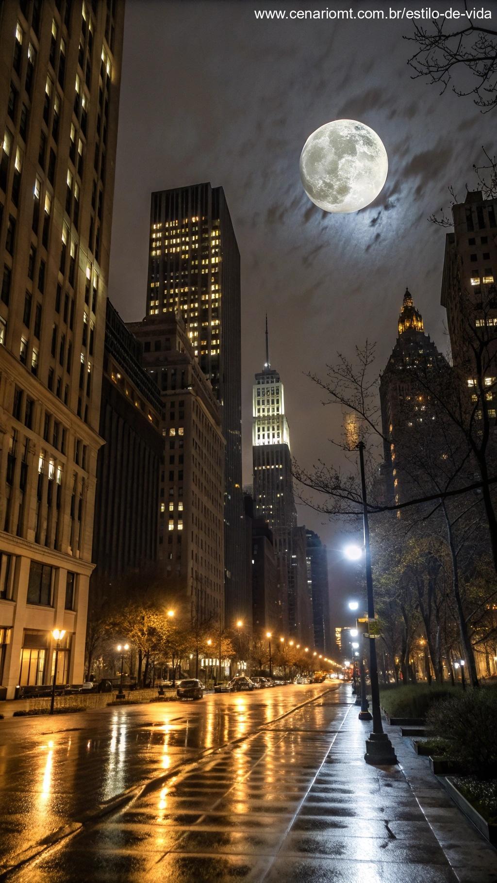 Paisagem urbana à noite com lua cheia no céu, simbolizando o aumento da atividade criminosa.